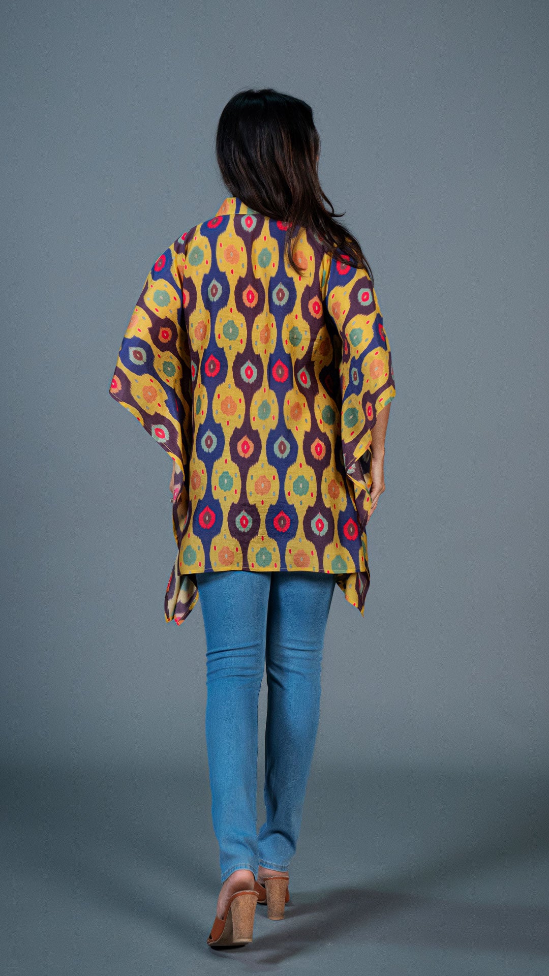 YELLOW IKKAT PRINT SHORT KAFTAN TOP IN COTTON SILK