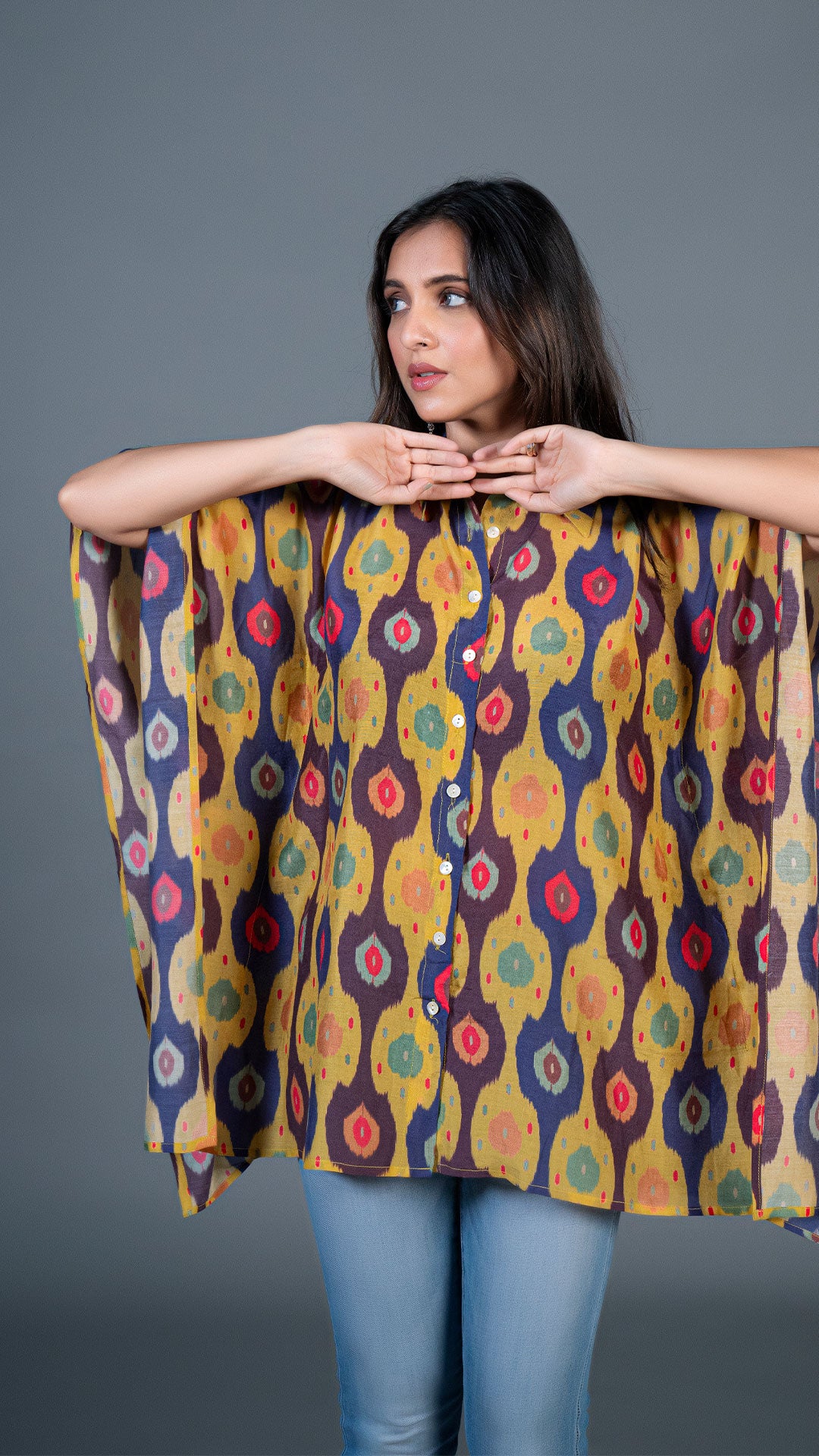 YELLOW IKKAT PRINT SHORT KAFTAN TOP IN COTTON SILK