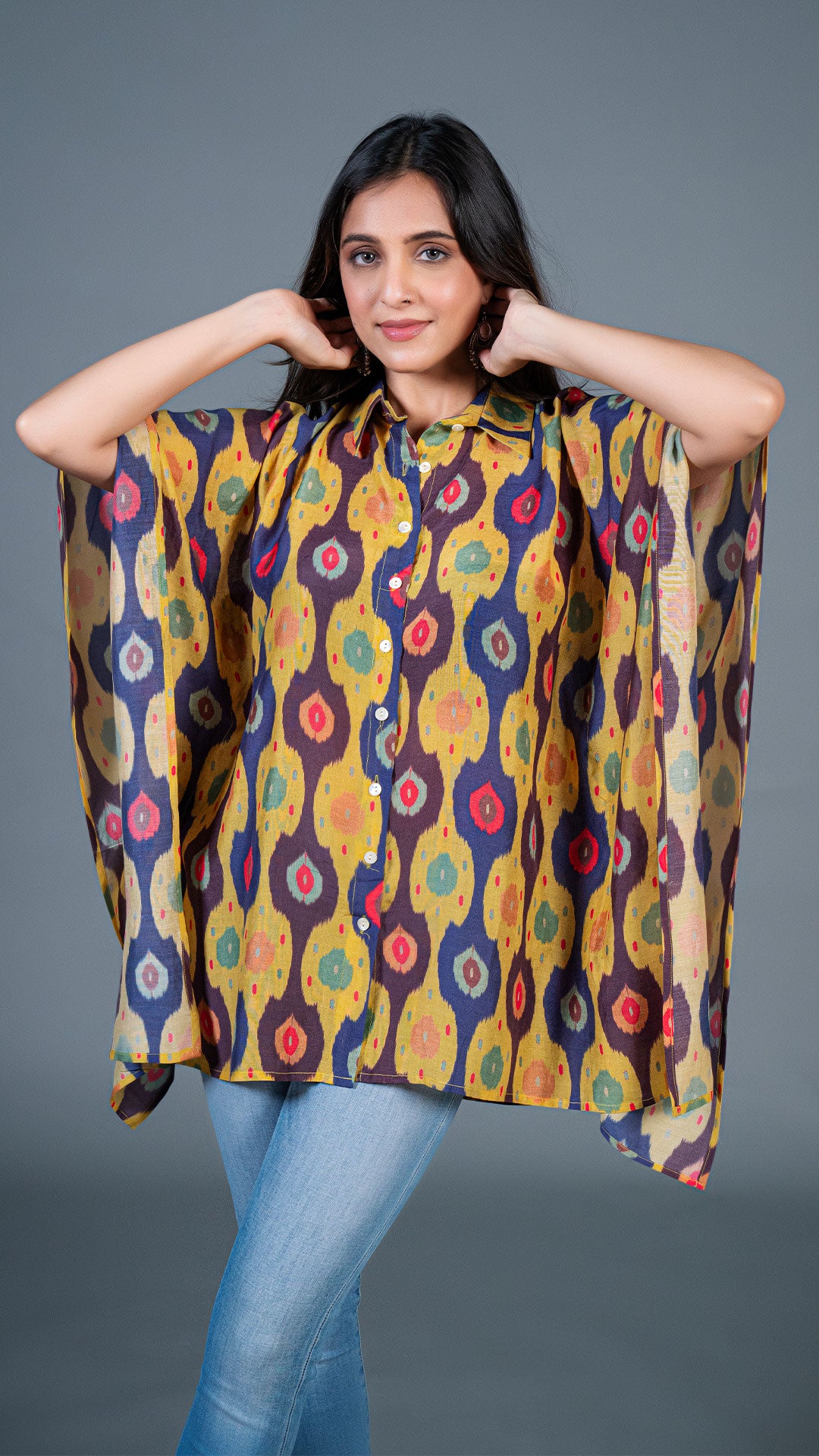 YELLOW IKKAT PRINT SHORT KAFTAN TOP IN COTTON SILK