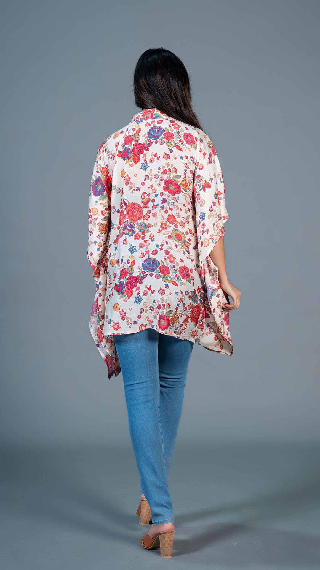 OFF WHITE FLORAL PRINT SHORT KAFTAN TOP IN COTTON SILK