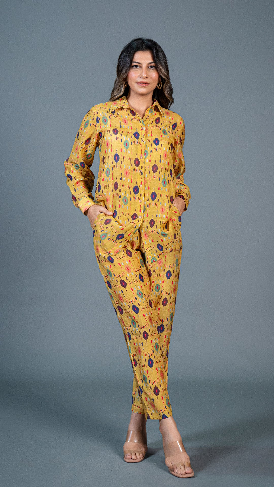YELLOW IKKAT PRINT CO-ORD SET IN COTTON SILK