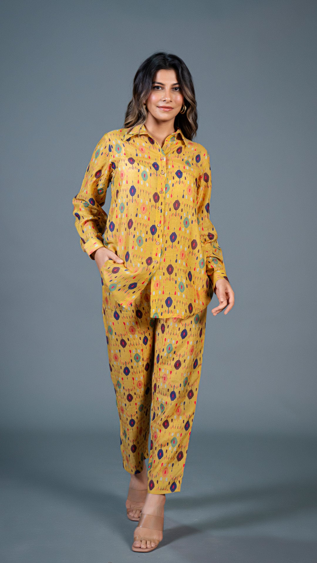 YELLOW IKKAT PRINT CO-ORD SET IN COTTON SILK