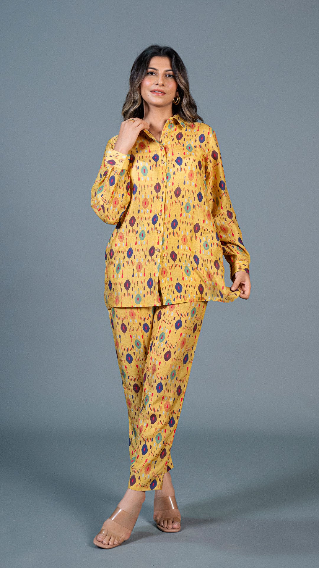 YELLOW IKKAT PRINT CO-ORD SET IN COTTON SILK
