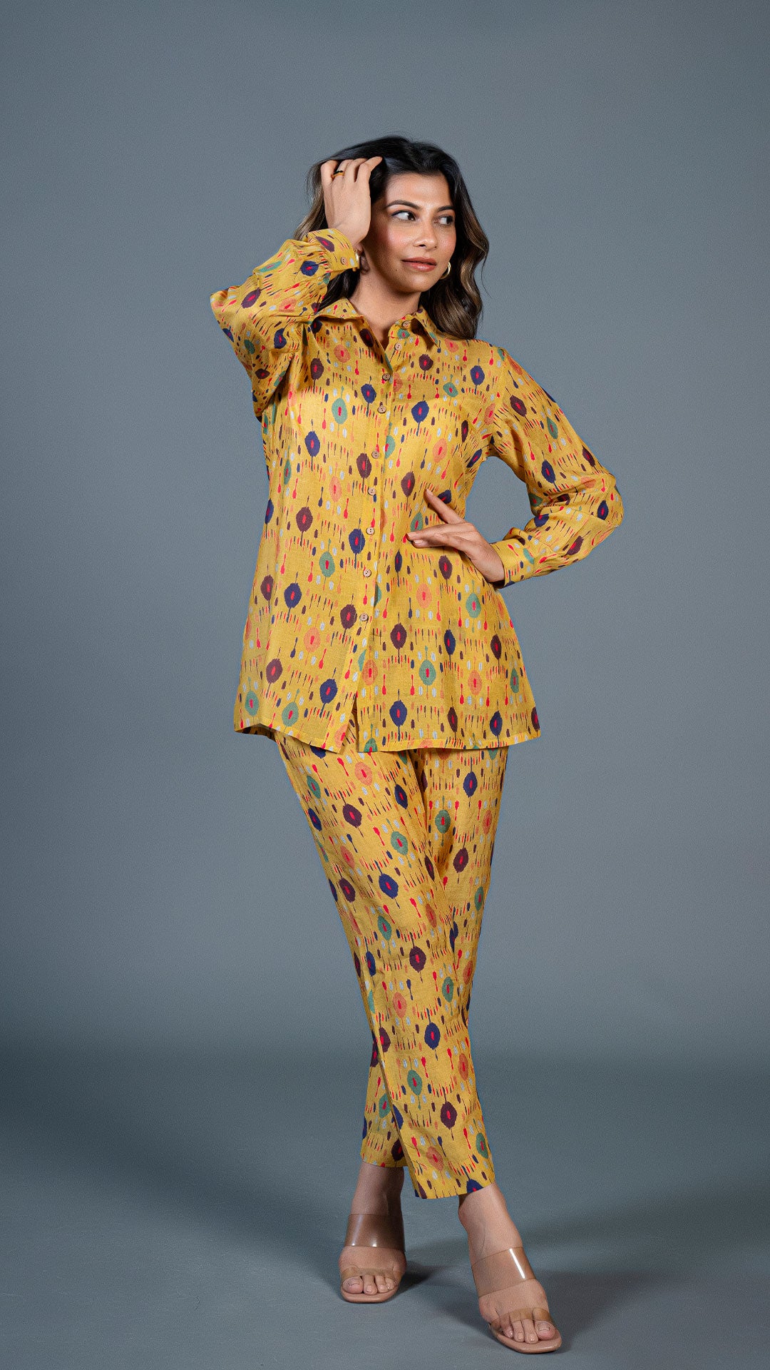 YELLOW IKKAT PRINT CO-ORD SET IN COTTON SILK