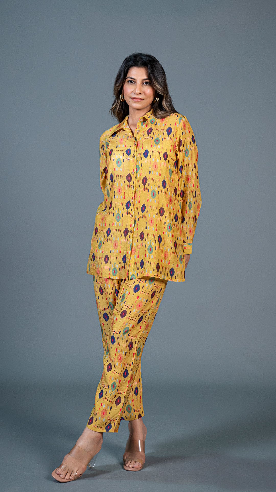 YELLOW IKKAT PRINT CO-ORD SET IN COTTON SILK