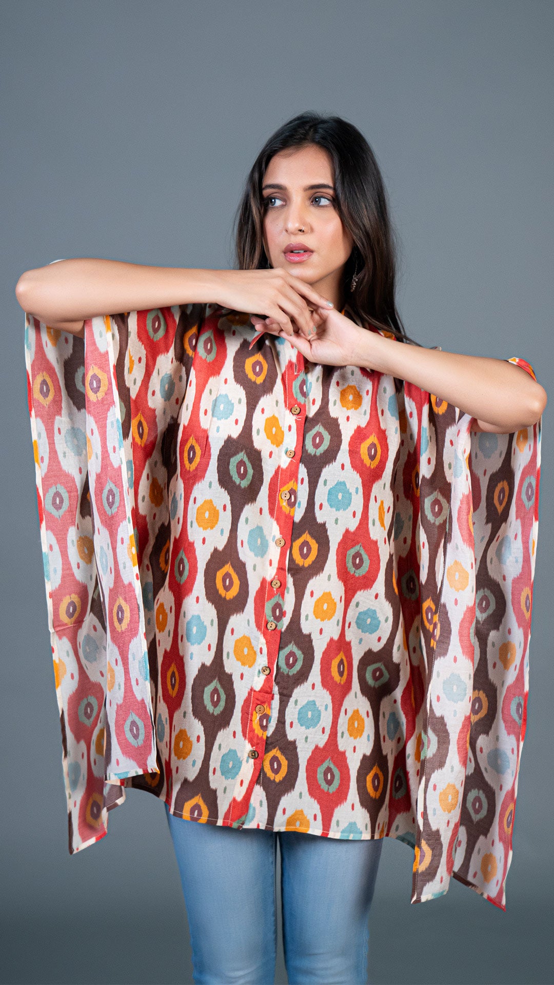 OFF WHITE IKKAT PRINT SHORT KAFTAN TOP IN COTTON SILK