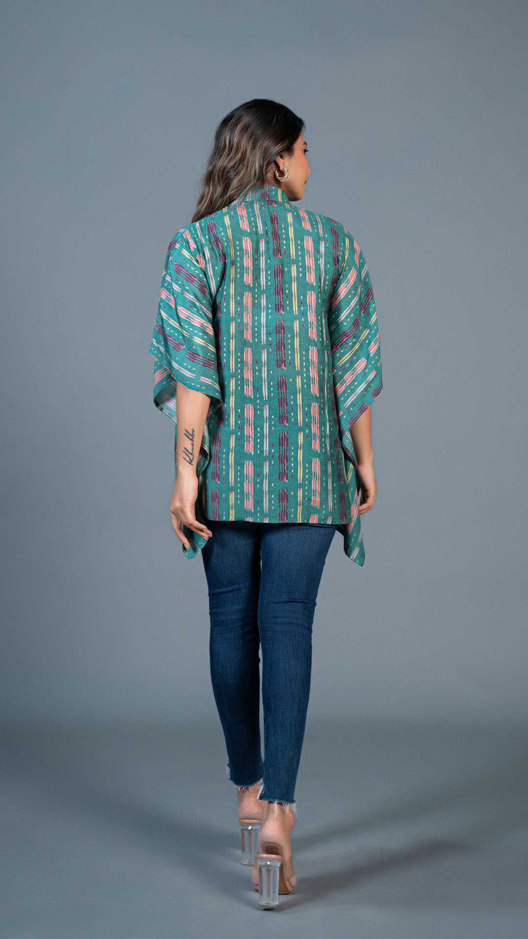 GREEN IKKAT PRINT SHORT KAFTAN TOP IN COTTON SILK