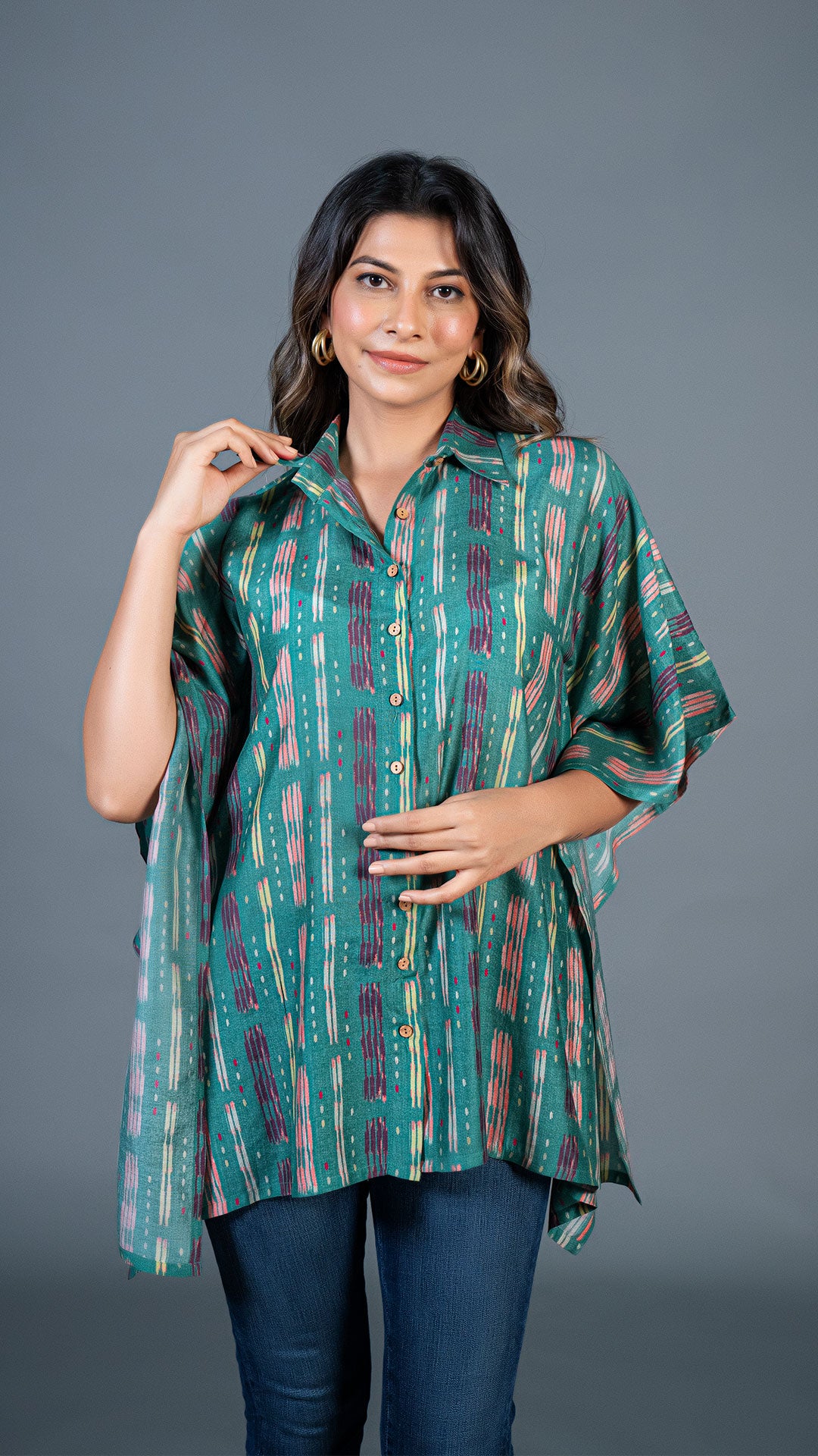 GREEN IKKAT PRINT SHORT KAFTAN TOP IN COTTON SILK