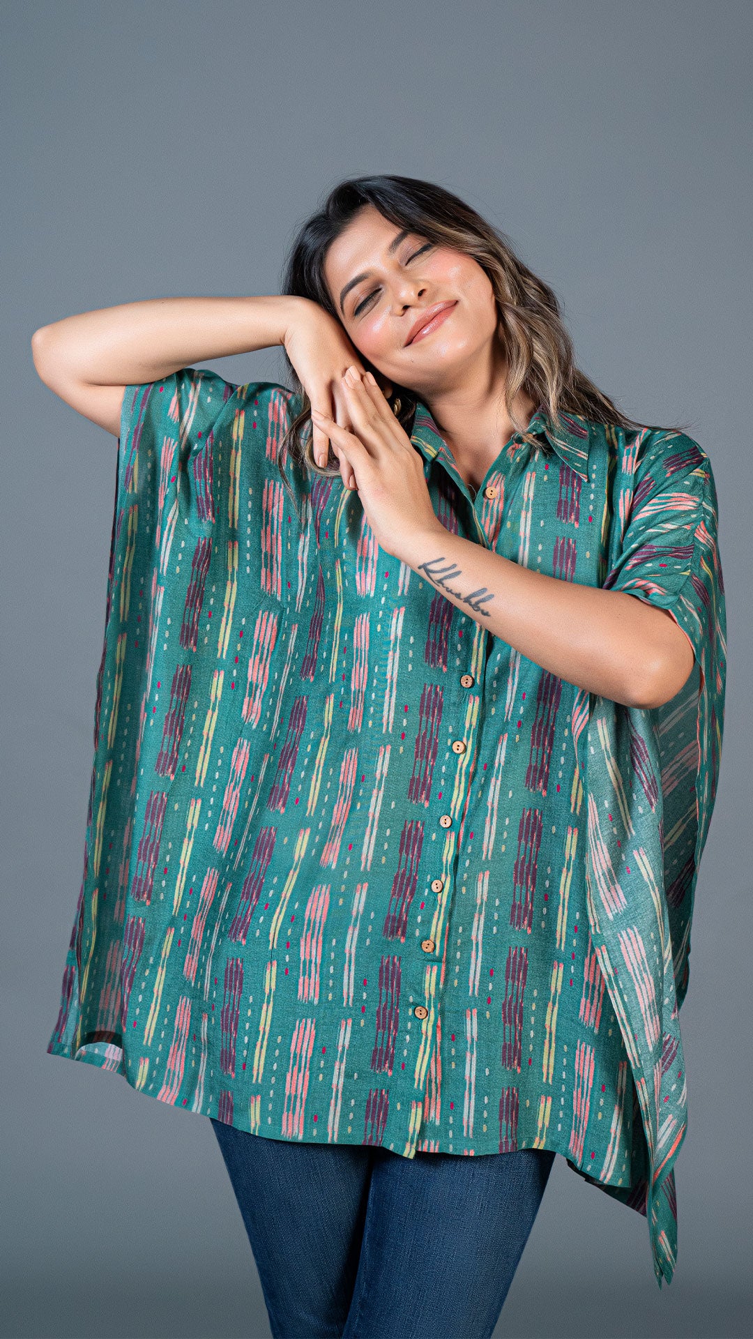 GREEN IKKAT PRINT SHORT KAFTAN TOP IN COTTON SILK