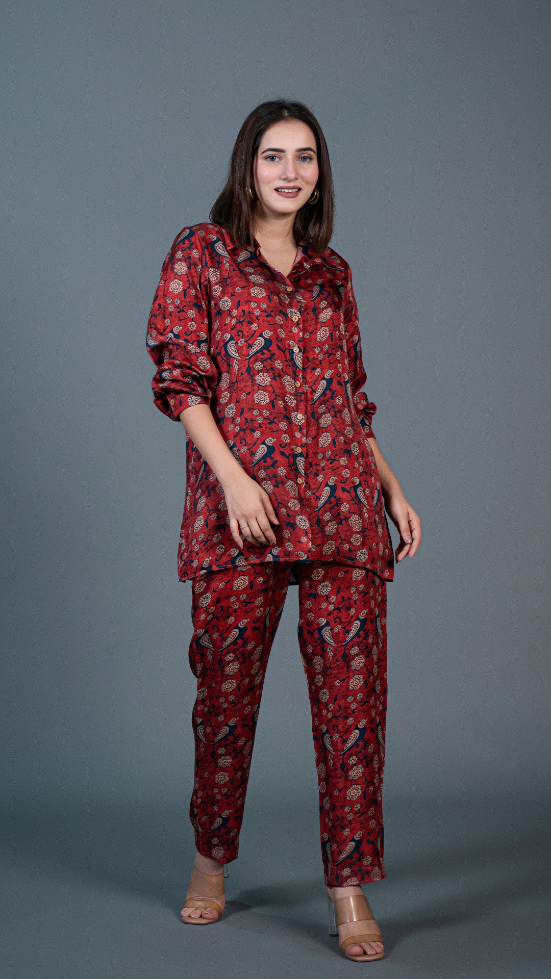 MAROON CO-ORD SET WITH PARROT PRINT IN MODAL SILK