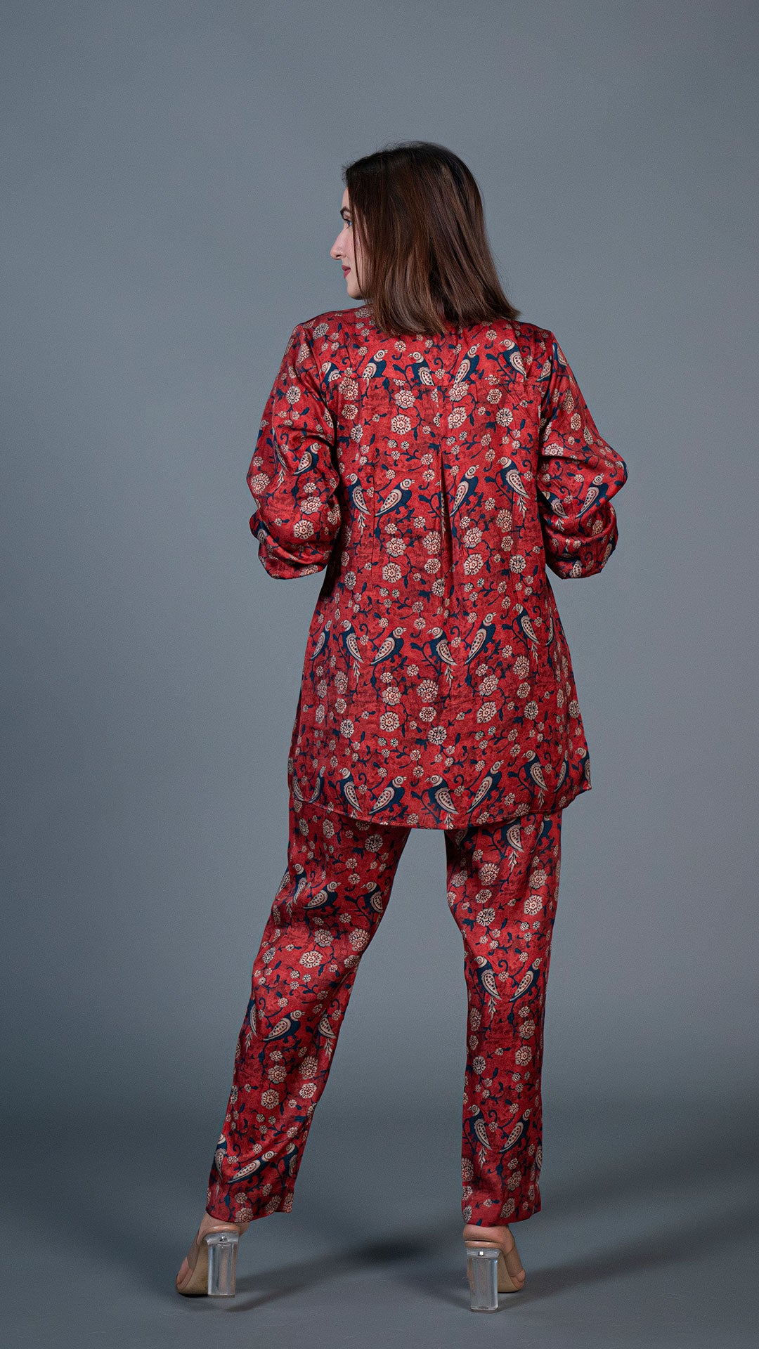 MAROON CO-ORD SET WITH PARROT PRINT IN MODAL SILK