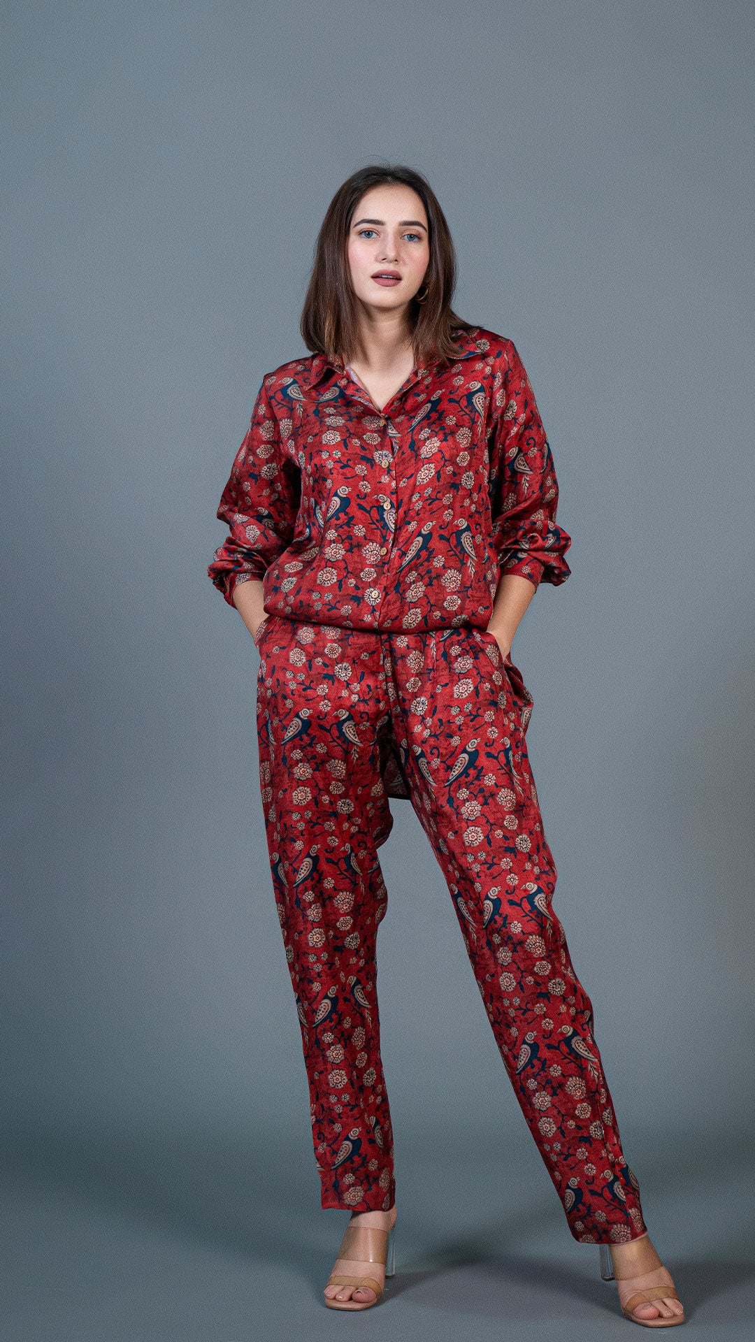 MAROON CO-ORD SET WITH PARROT PRINT IN MODAL SILK
