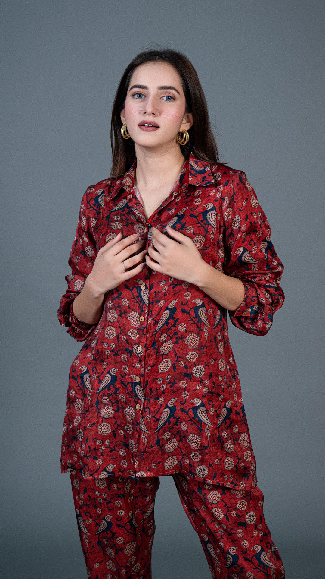 MAROON CO-ORD SET WITH PARROT PRINT IN MODAL SILK
