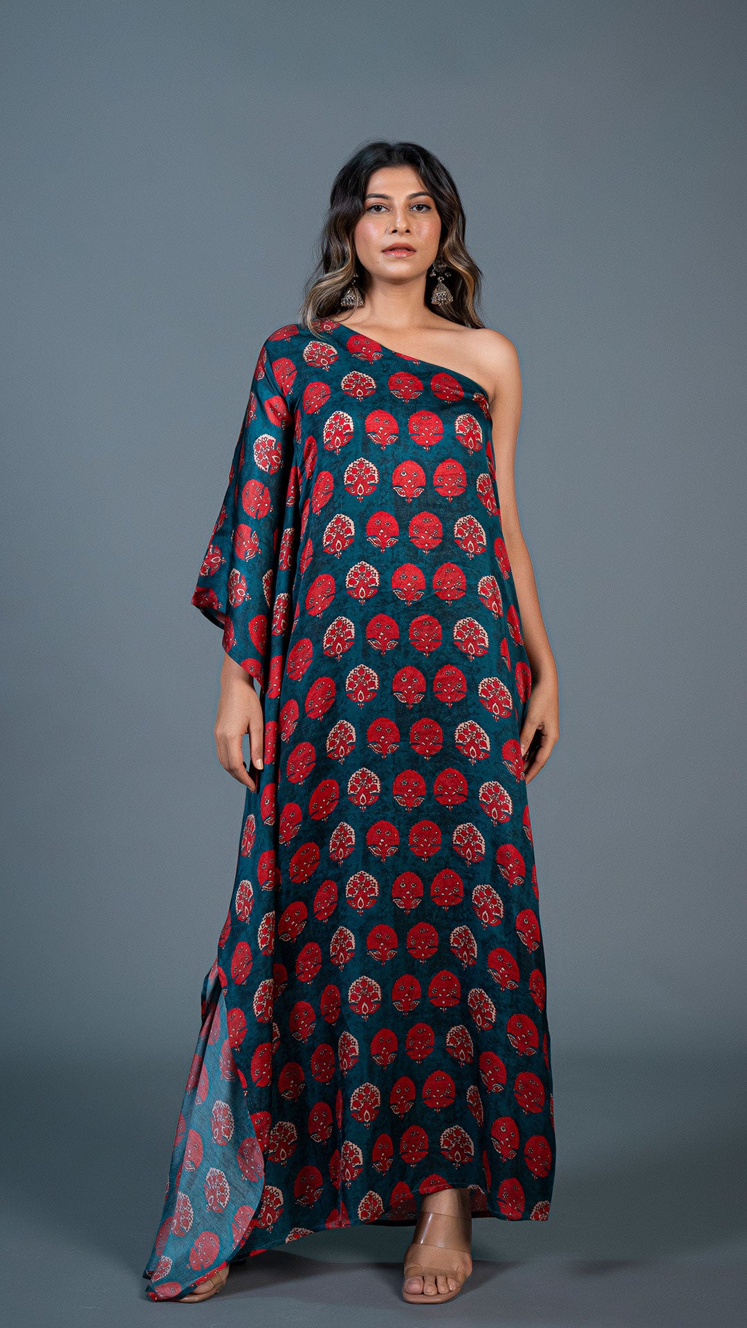 TEAL GREEN ONE SHOULDER KAFTAN WITH RED MOTIFS IN MODAL SILK