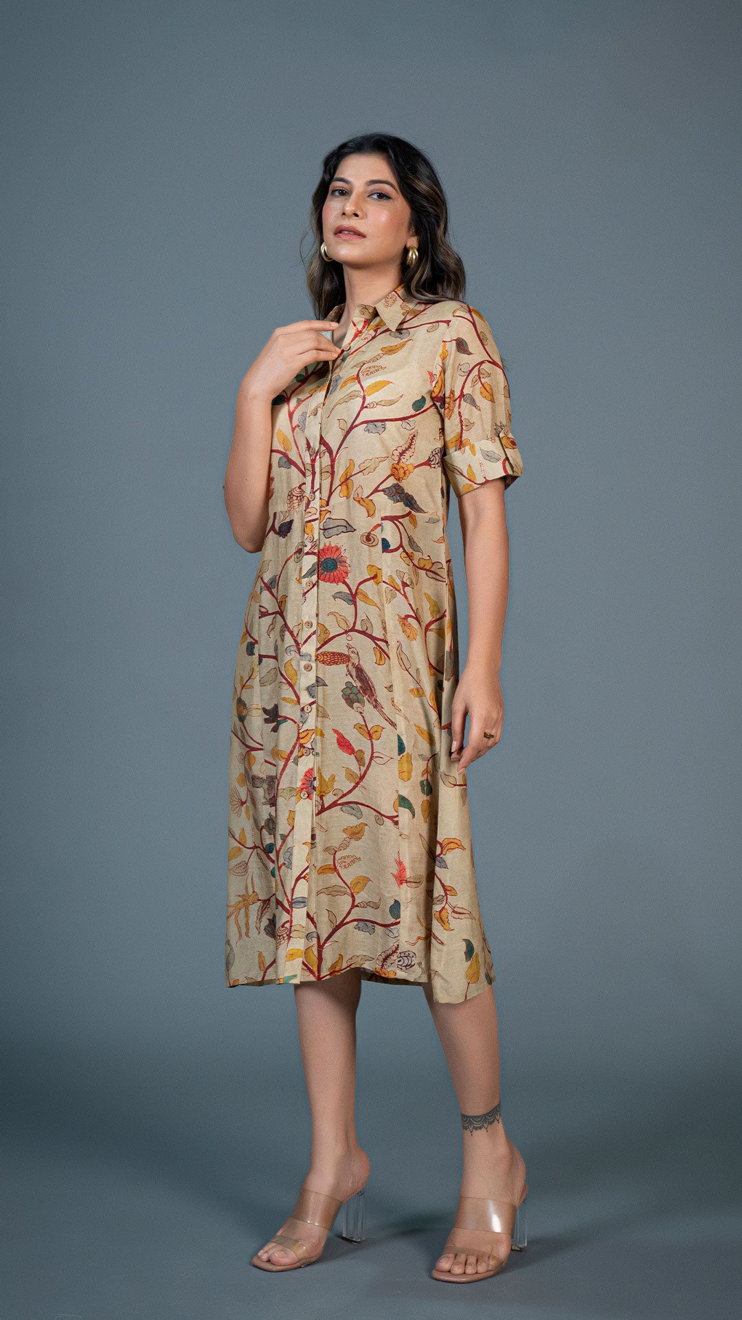 BEIGE KALAMKARI COTTON SILK SHIRT DRESS