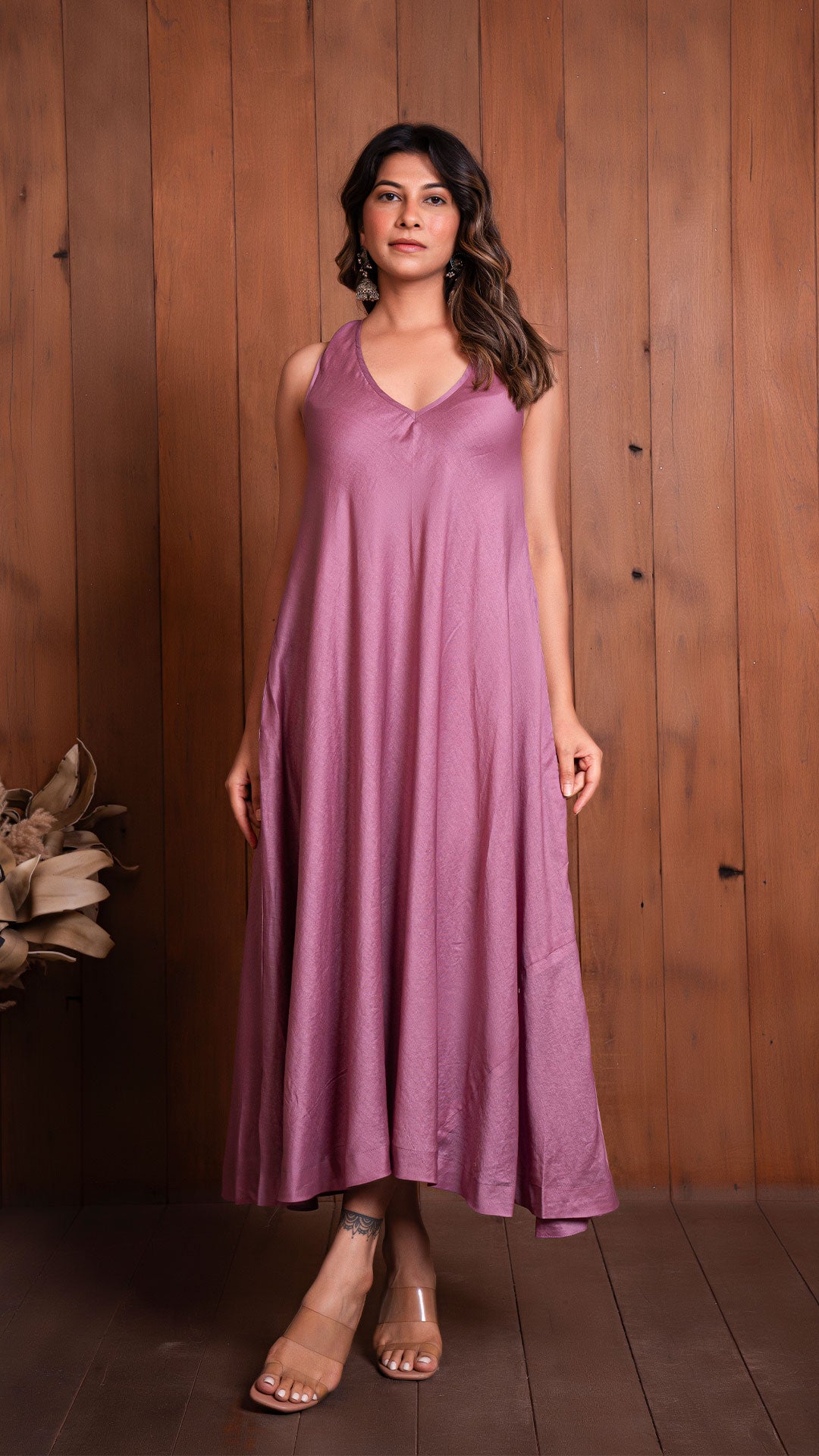 MAUVE HALTER NECK FLARED DRESS IN CHANDERI SILK