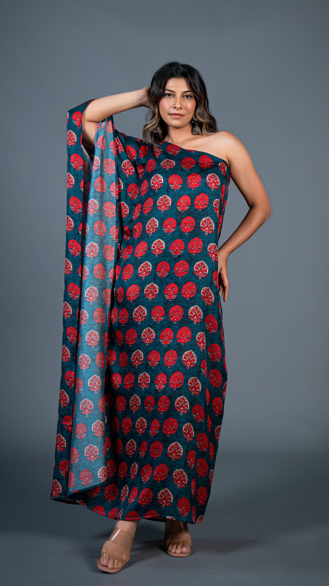 TEAL GREEN ONE SHOULDER KAFTAN WITH RED MOTIFS IN MODAL SILK