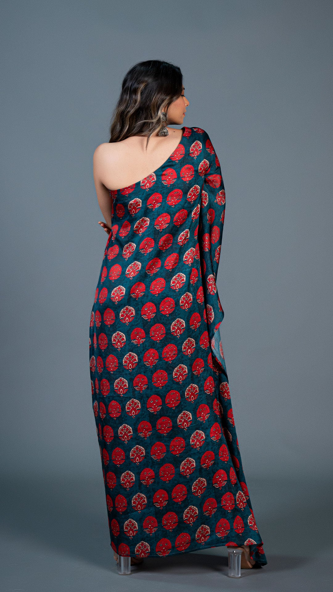 TEAL GREEN ONE SHOULDER KAFTAN WITH RED MOTIFS IN MODAL SILK