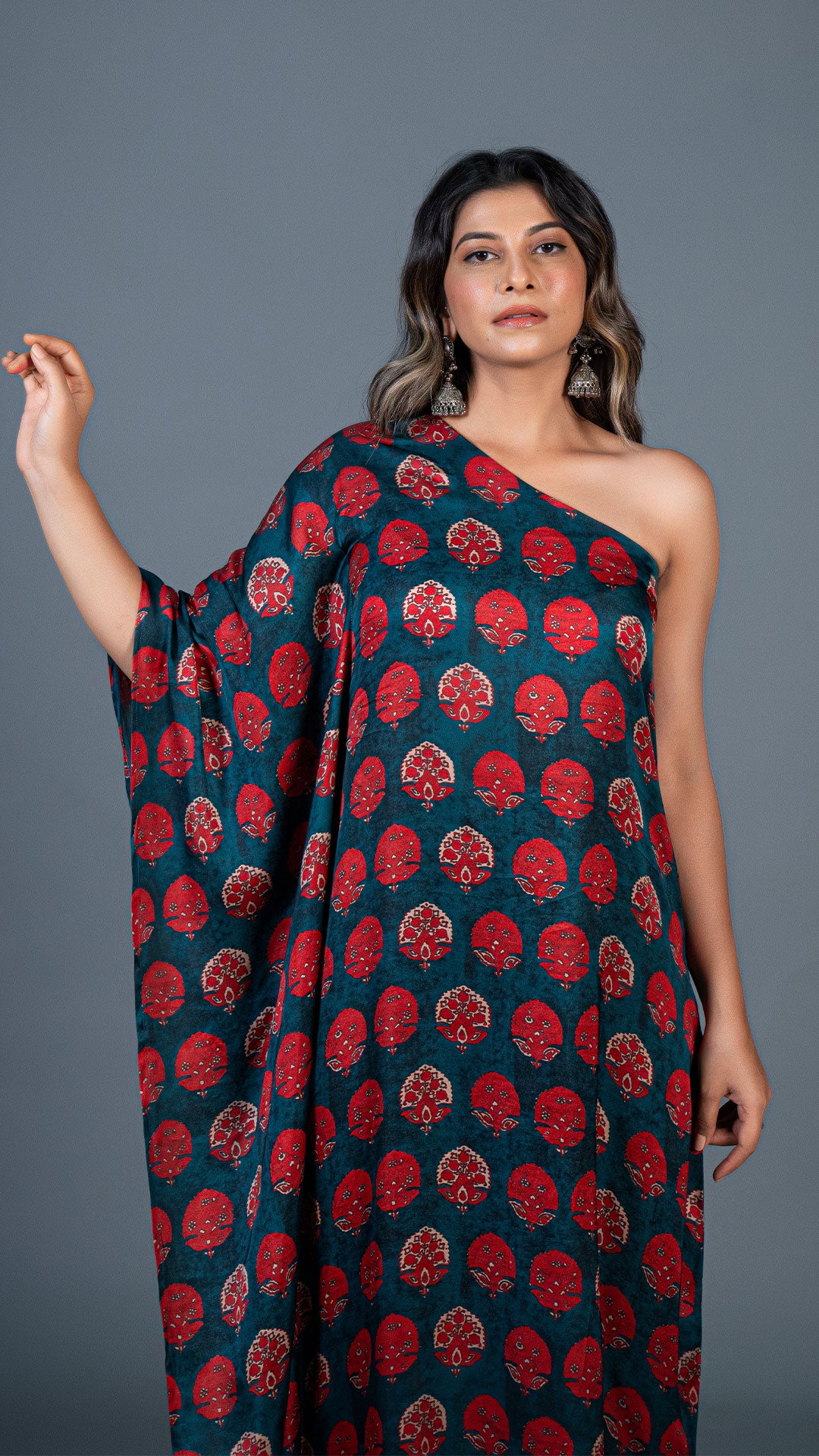TEAL GREEN ONE SHOULDER KAFTAN WITH RED MOTIFS IN MODAL SILK