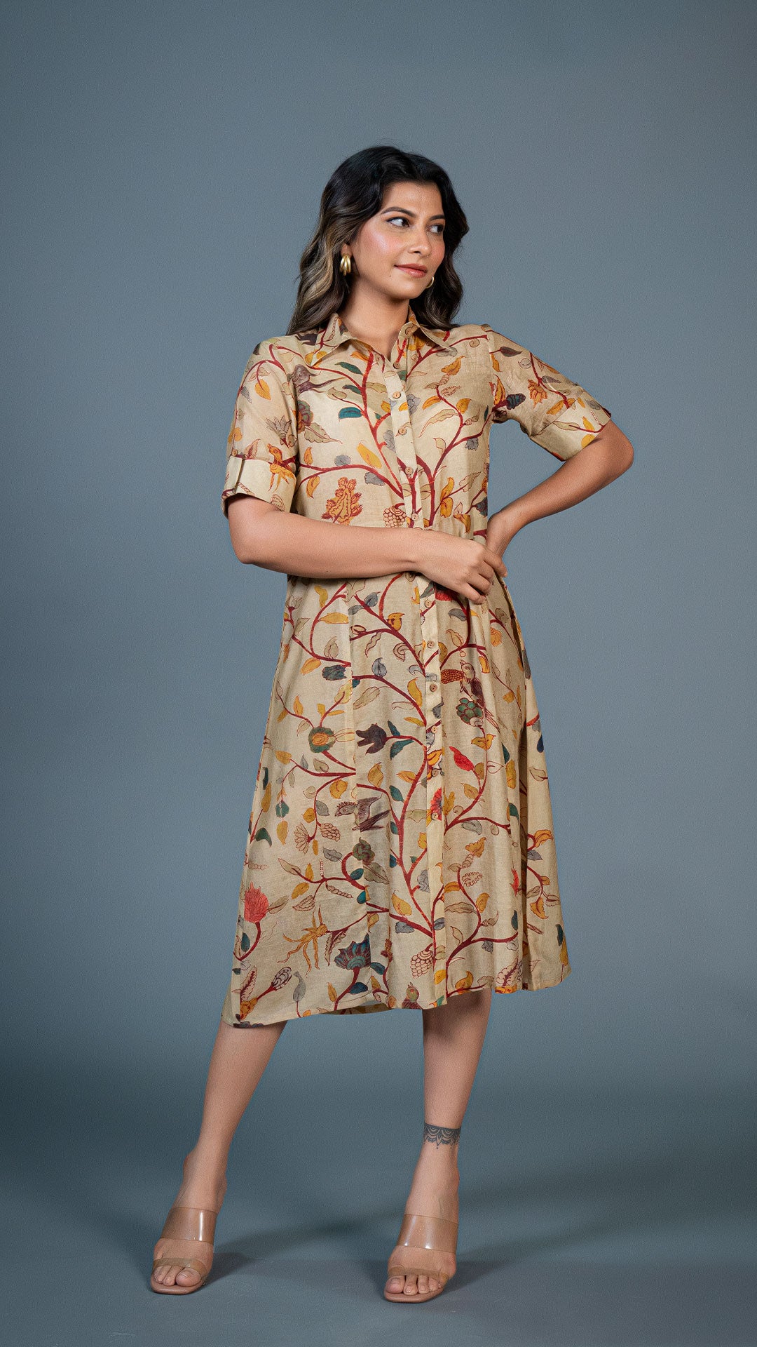 BEIGE KALAMKARI COTTON SILK SHIRT DRESS