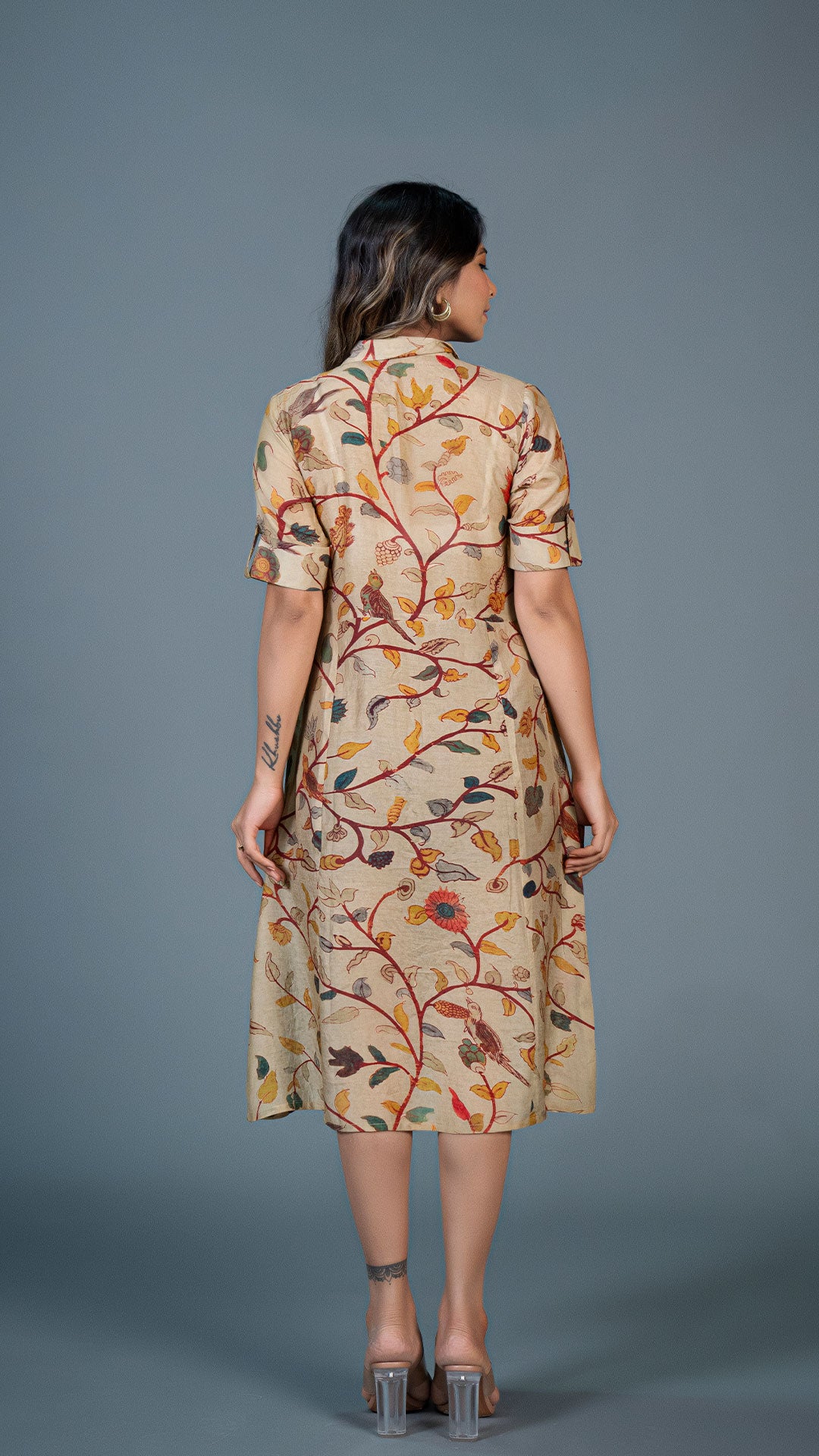BEIGE KALAMKARI COTTON SILK SHIRT DRESS
