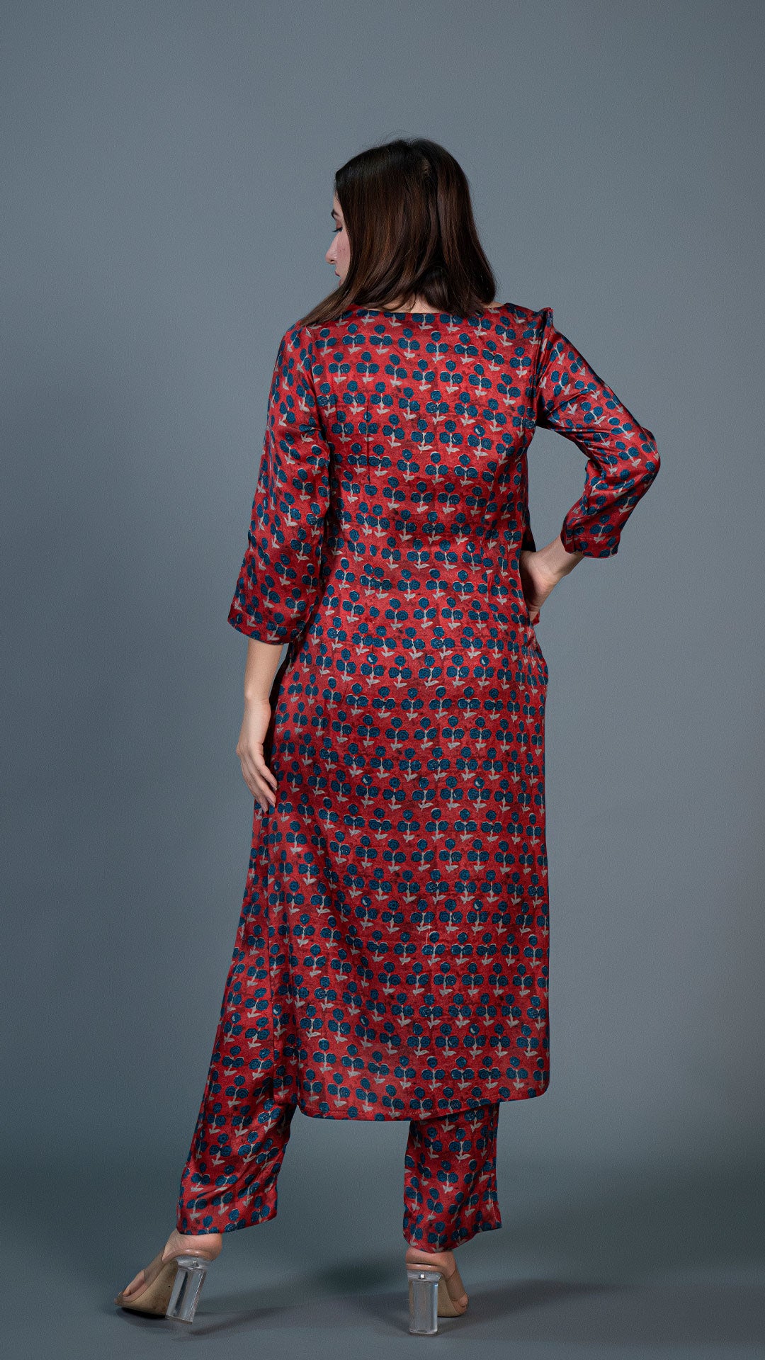 DEEP RED SMALL FLOWER PRINT KURTA IN MODAL SILK