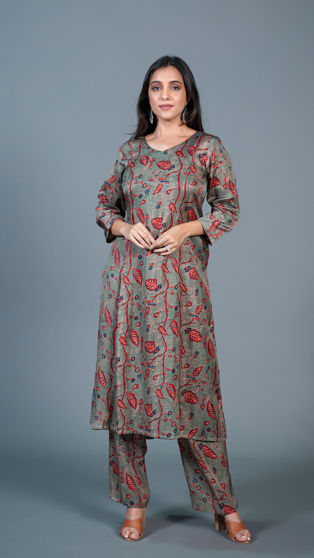 DUSTY GREEN LEAFY PRINT KALI KURTA IN MODAL SILK