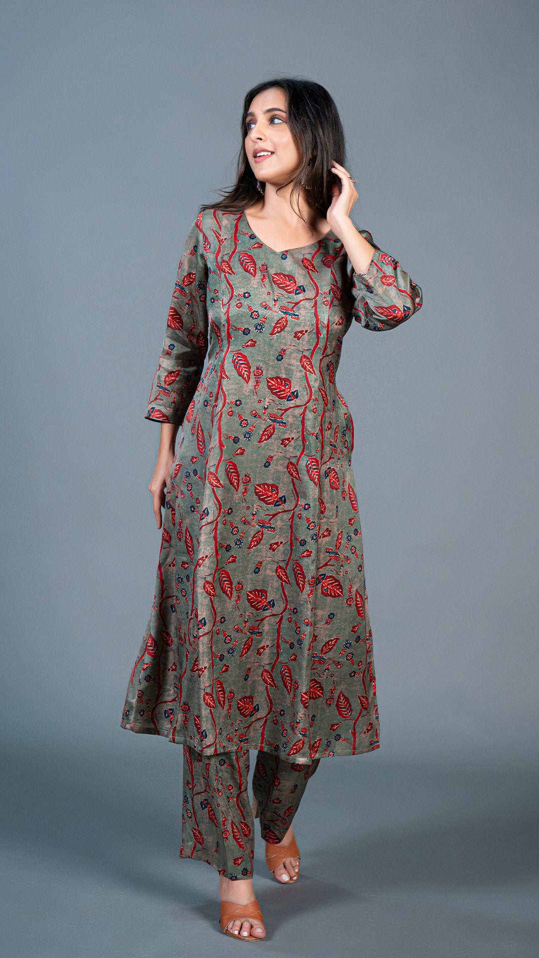 DUSTY GREEN LEAFY PRINT KALI KURTA IN MODAL SILK