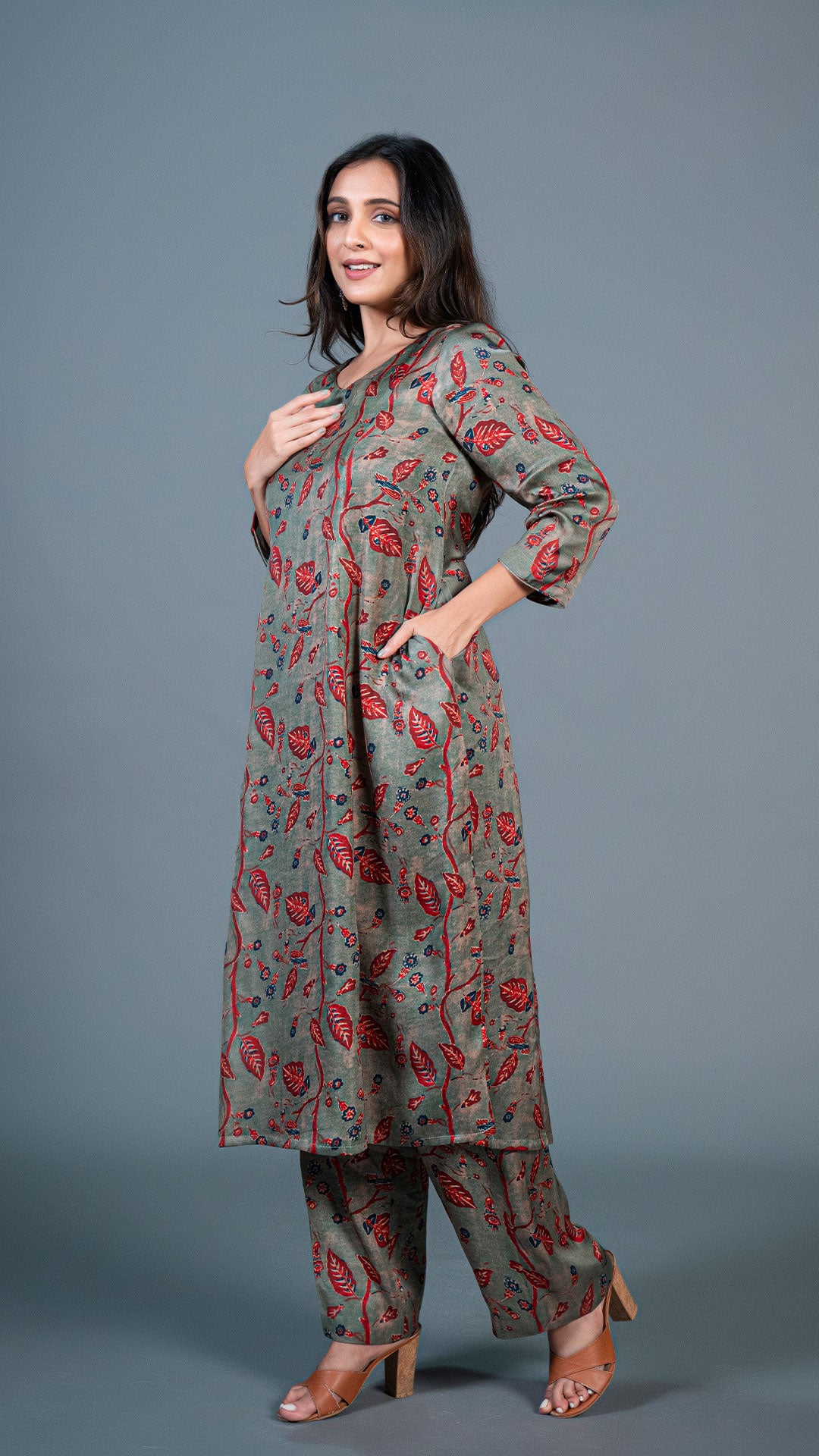 DUSTY GREEN LEAFY PRINT KALI KURTA IN MODAL SILK