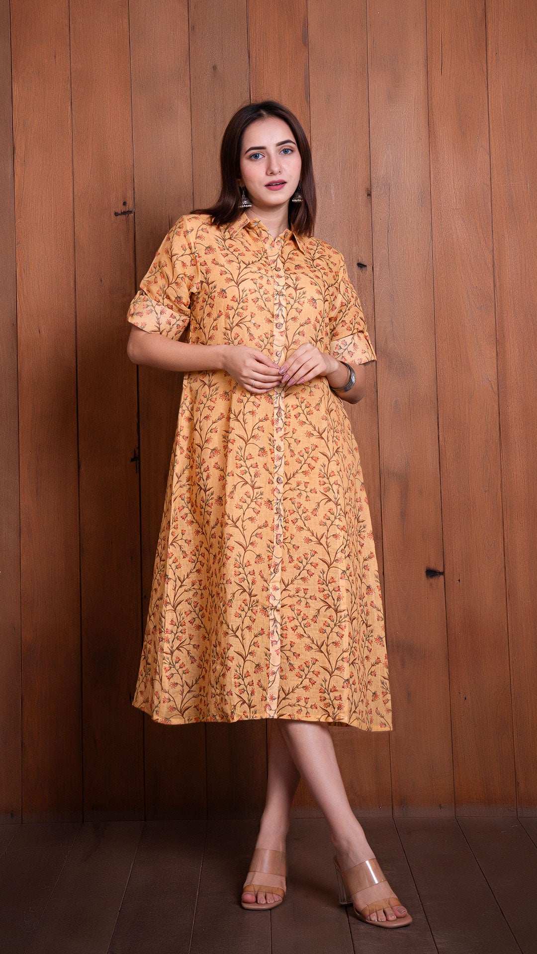 MUSTARD PURE LINEN SHIRT DRESS