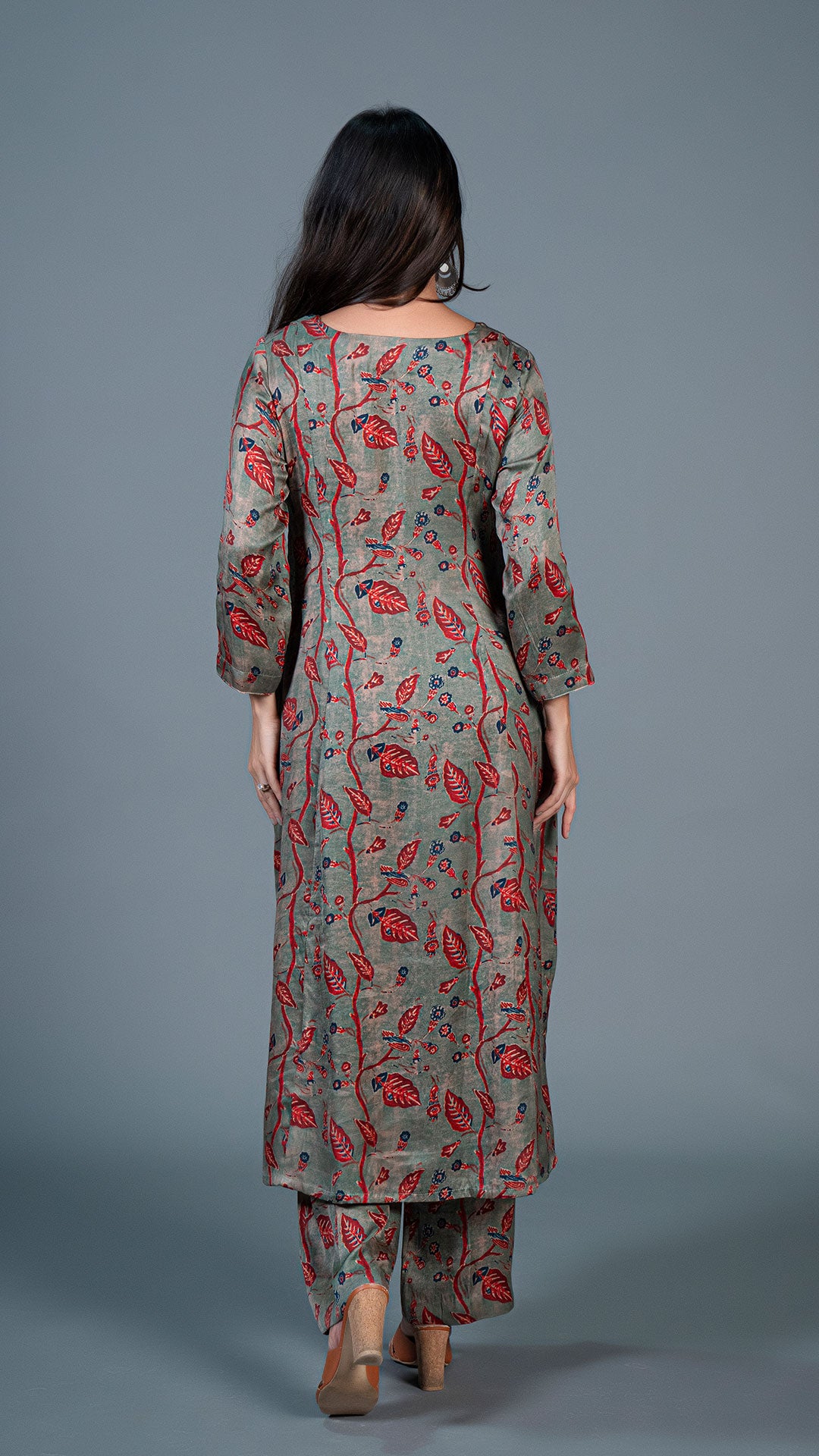 DUSTY GREEN LEAFY PRINT KALI KURTA IN MODAL SILK