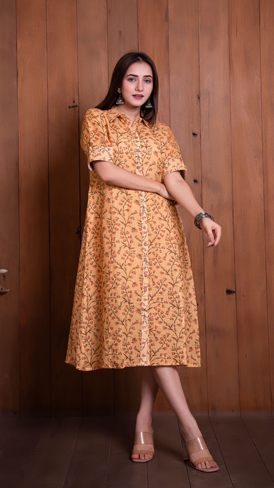 MUSTARD PURE LINEN SHIRT DRESS
