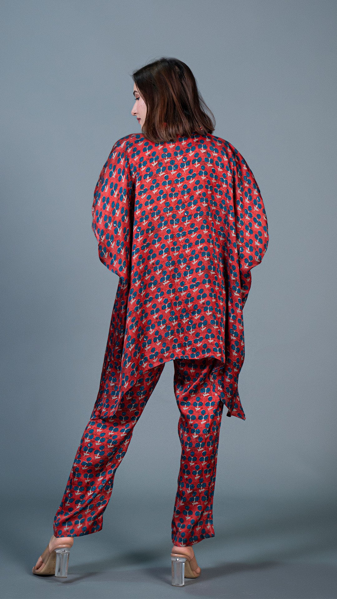 MAROON SMALL FLOWERS KAFTAN STYLE CO-ORD SET IN MODAL SILK