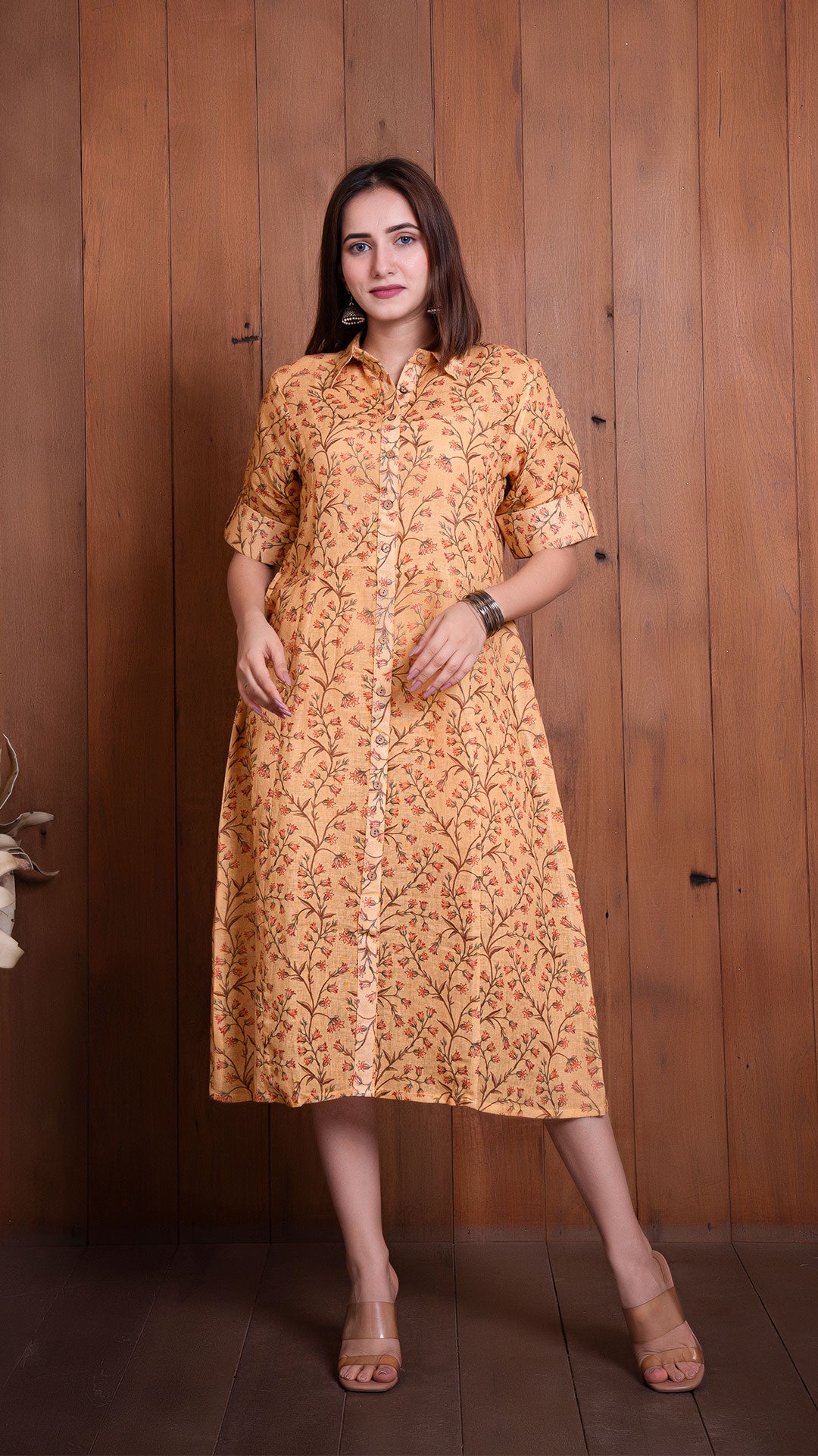 MUSTARD PURE LINEN SHIRT DRESS