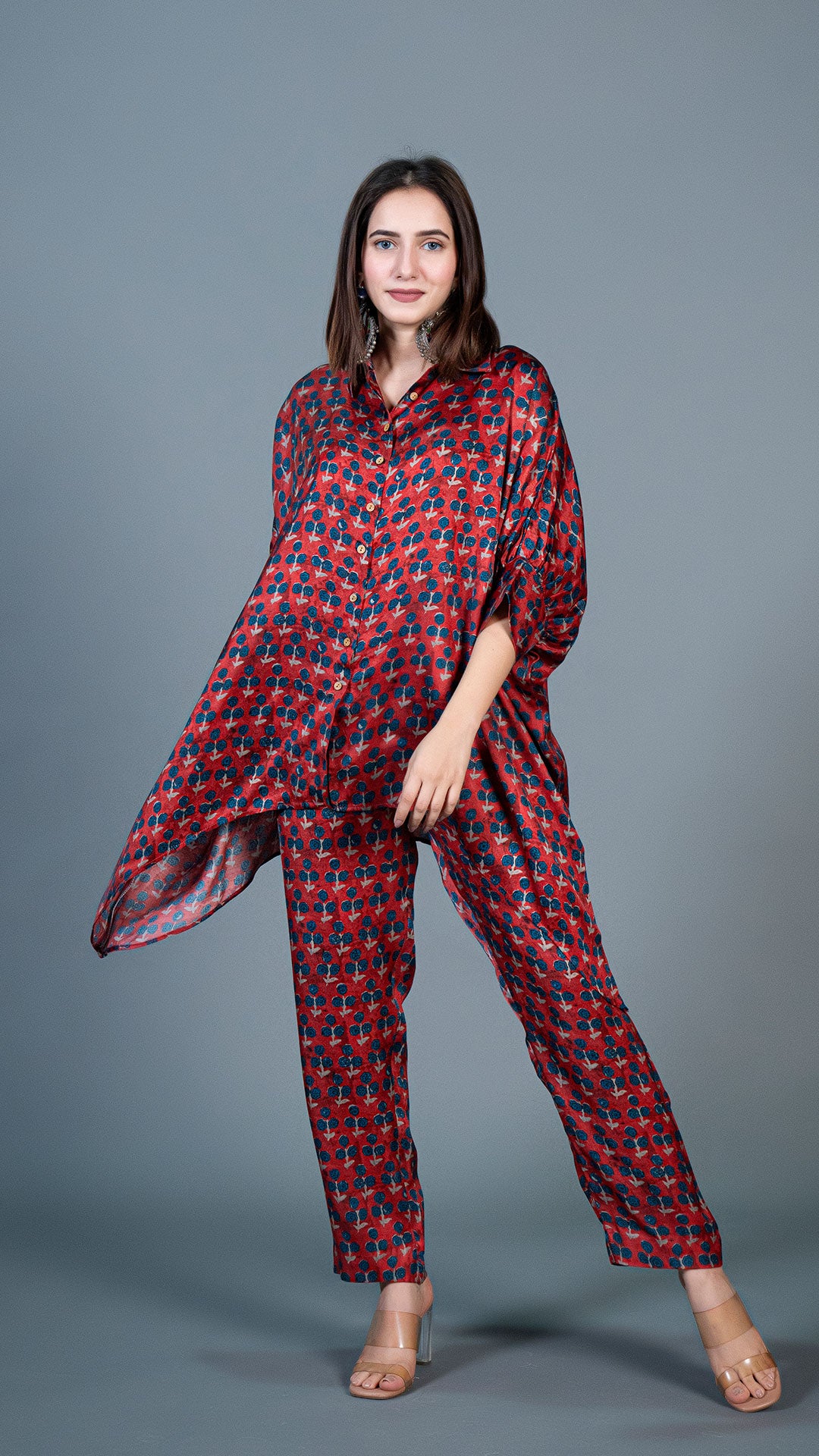 MAROON SMALL FLOWERS KAFTAN STYLE CO-ORD SET IN MODAL SILK