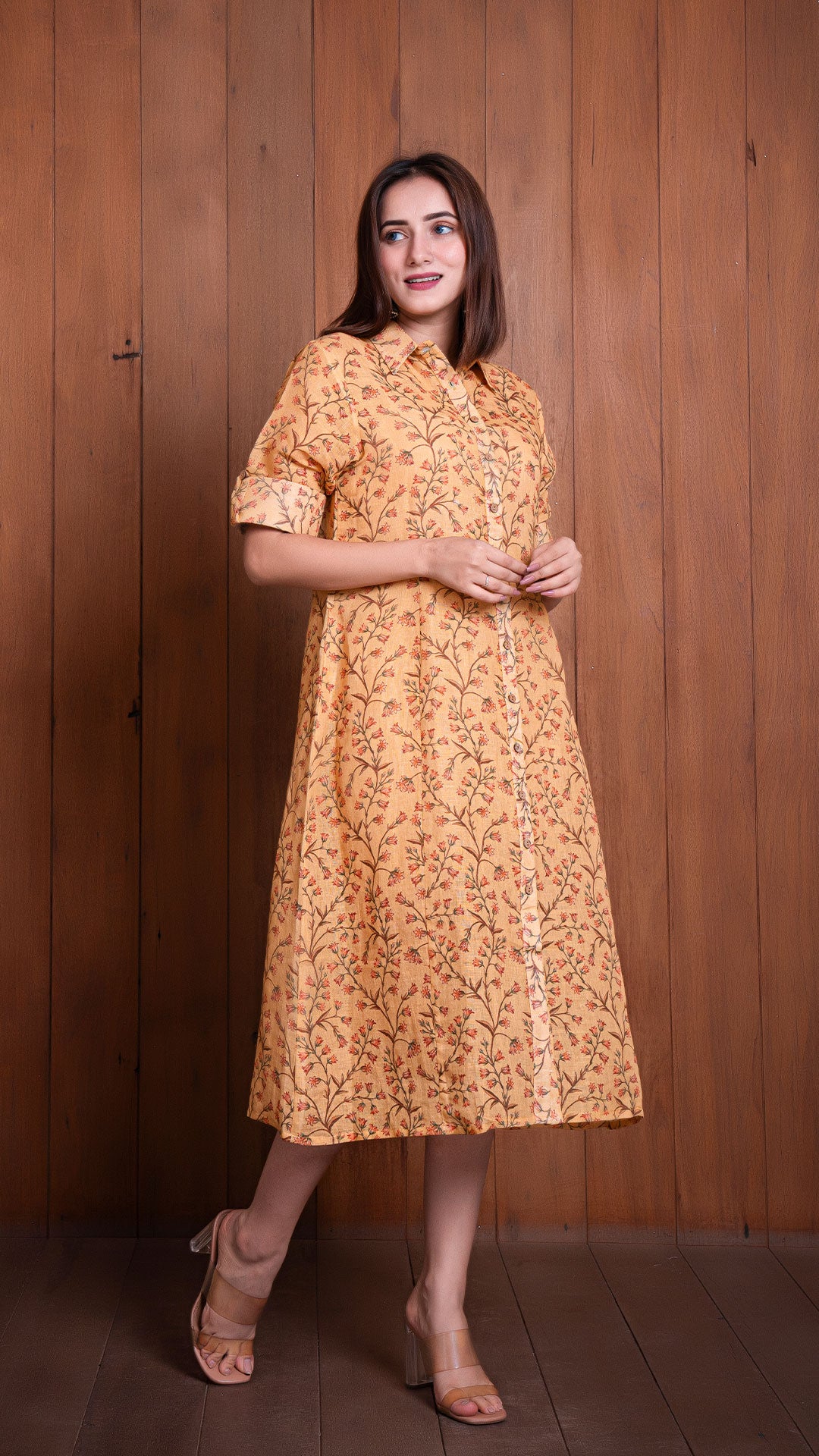 MUSTARD PURE LINEN SHIRT DRESS
