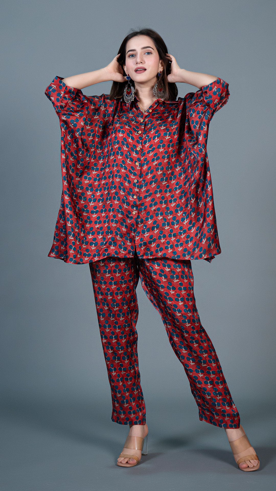 MAROON SMALL FLOWERS KAFTAN STYLE CO-ORD SET IN MODAL SILK