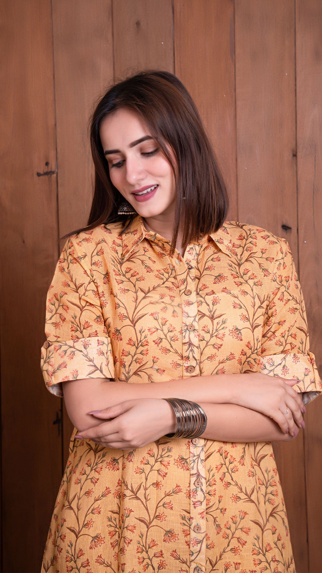MUSTARD PURE LINEN SHIRT DRESS