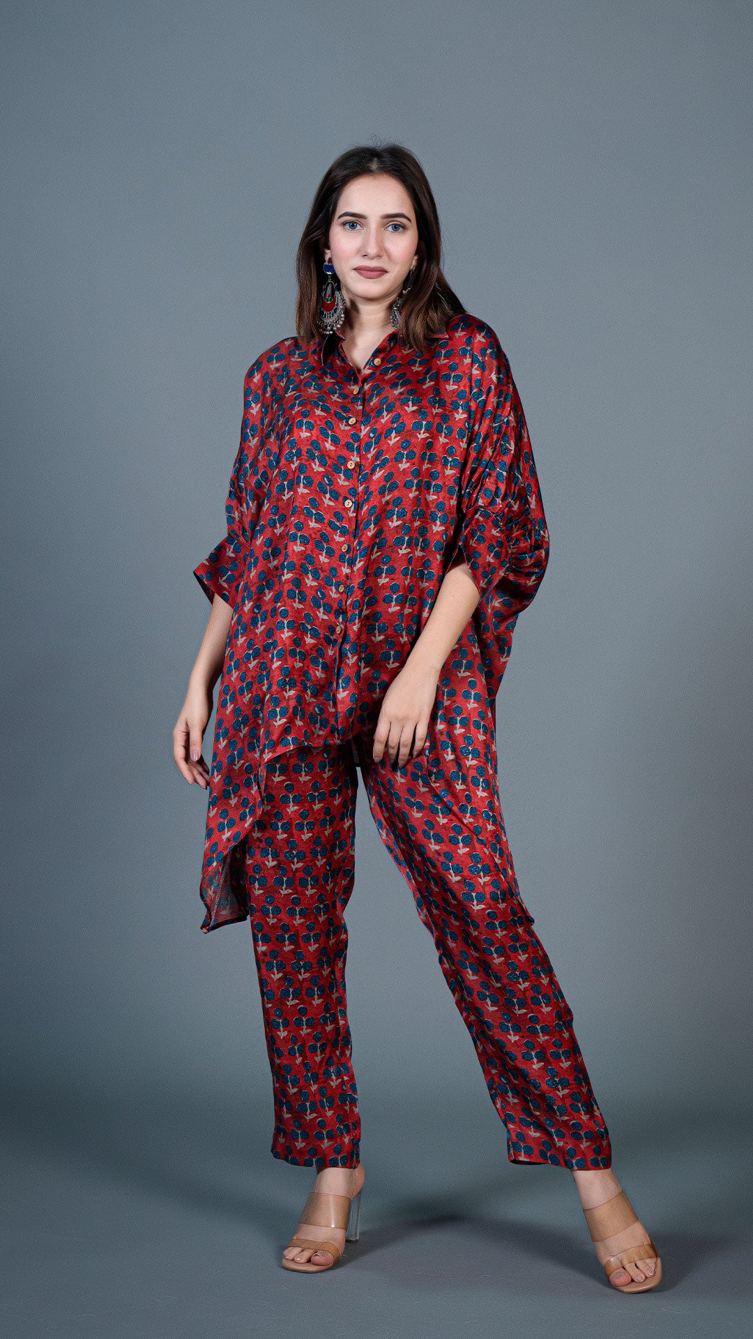 MAROON SMALL FLOWERS KAFTAN STYLE CO-ORD SET IN MODAL SILK