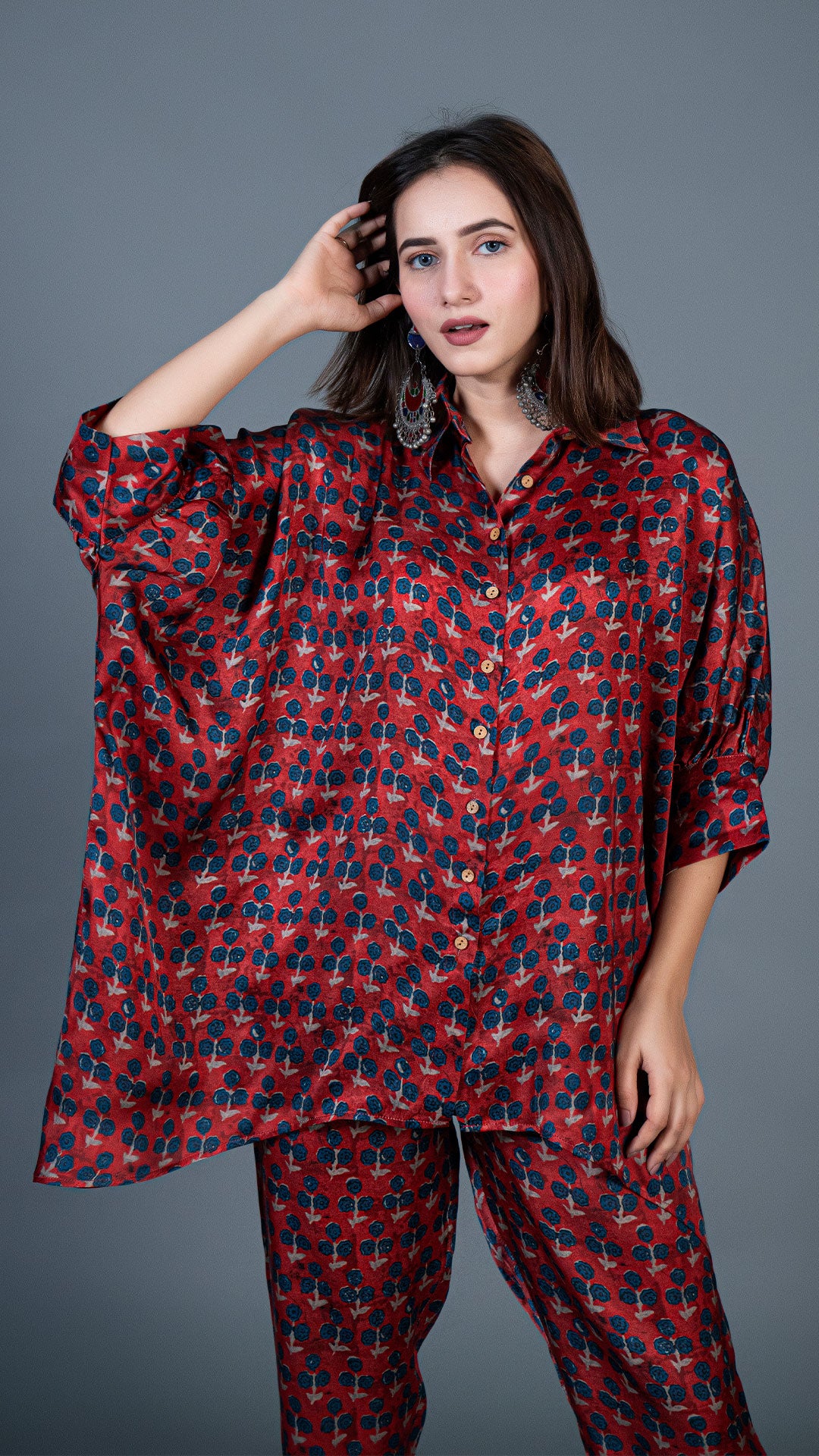 MAROON SMALL FLOWERS KAFTAN STYLE CO-ORD SET IN MODAL SILK