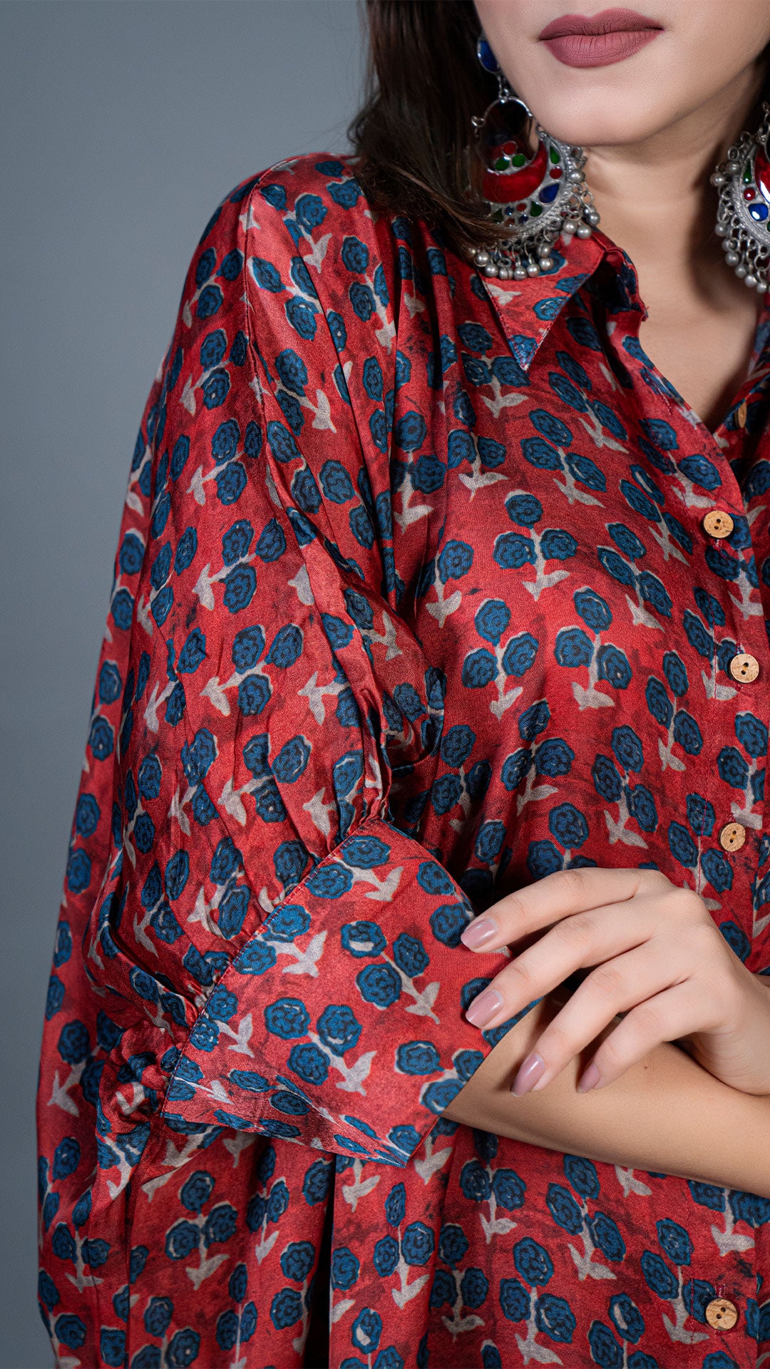 MAROON SMALL FLOWERS KAFTAN STYLE CO-ORD SET IN MODAL SILK