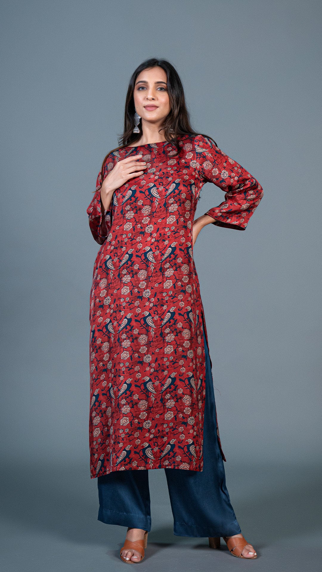 DEEP RED PARROT PRINT KURTA IN MODAL SILK