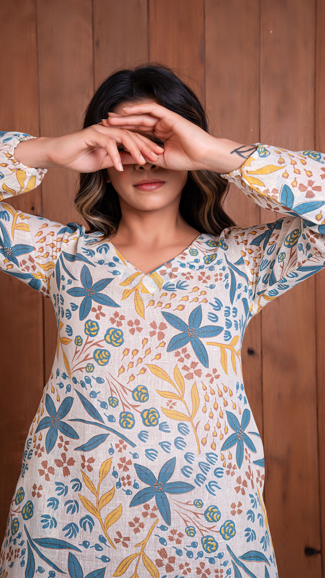OFF WHITE FLORAL JAAL PURE LINEN SHIFT DRESS