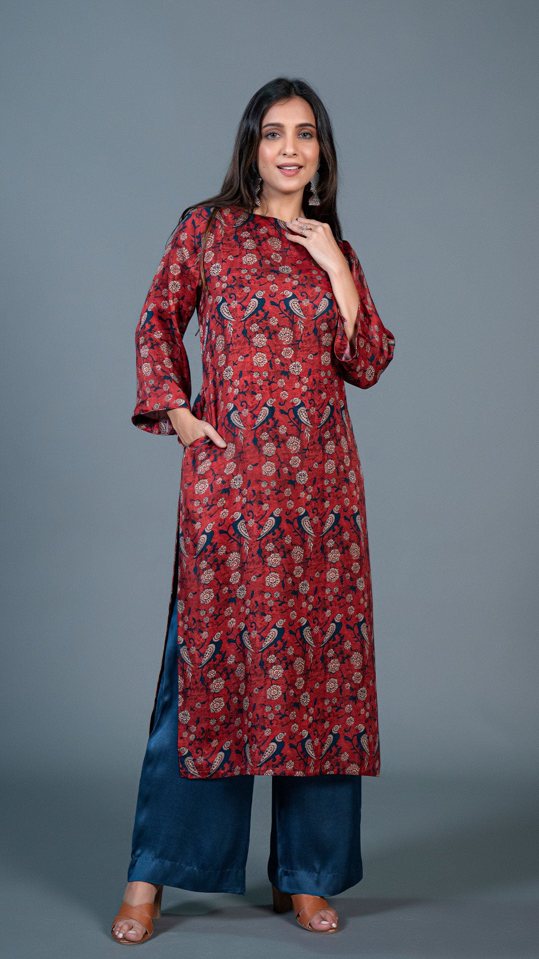 DEEP RED PARROT PRINT KURTA IN MODAL SILK