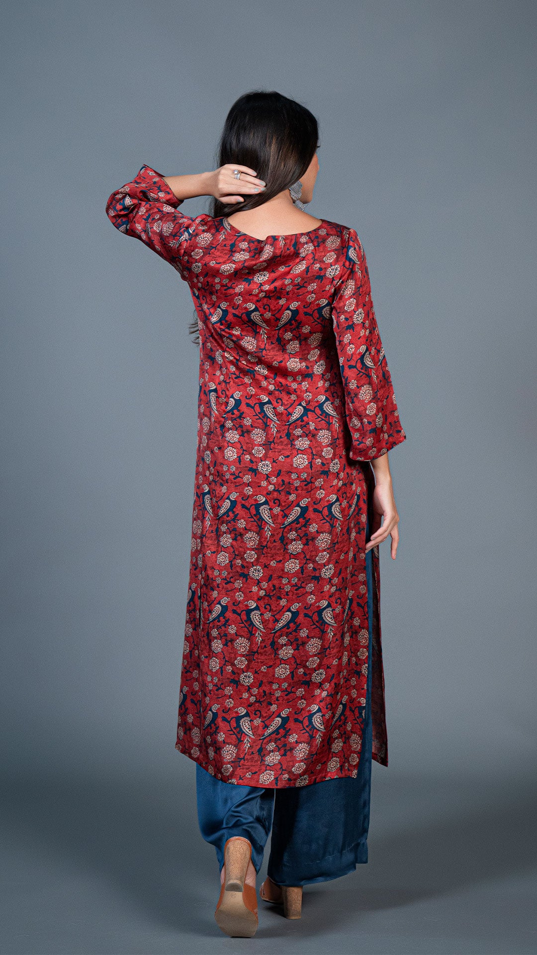DEEP RED PARROT PRINT KURTA IN MODAL SILK