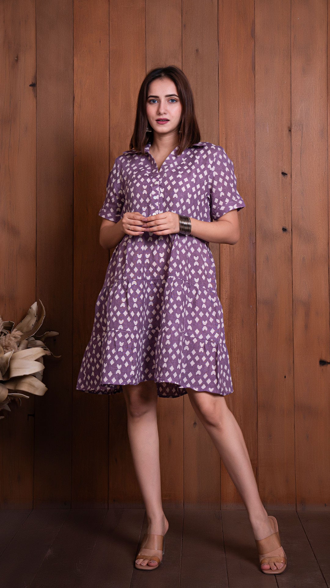 LAVENDER GEOMETRIC PRINT PURE LINEN TIER DRESS