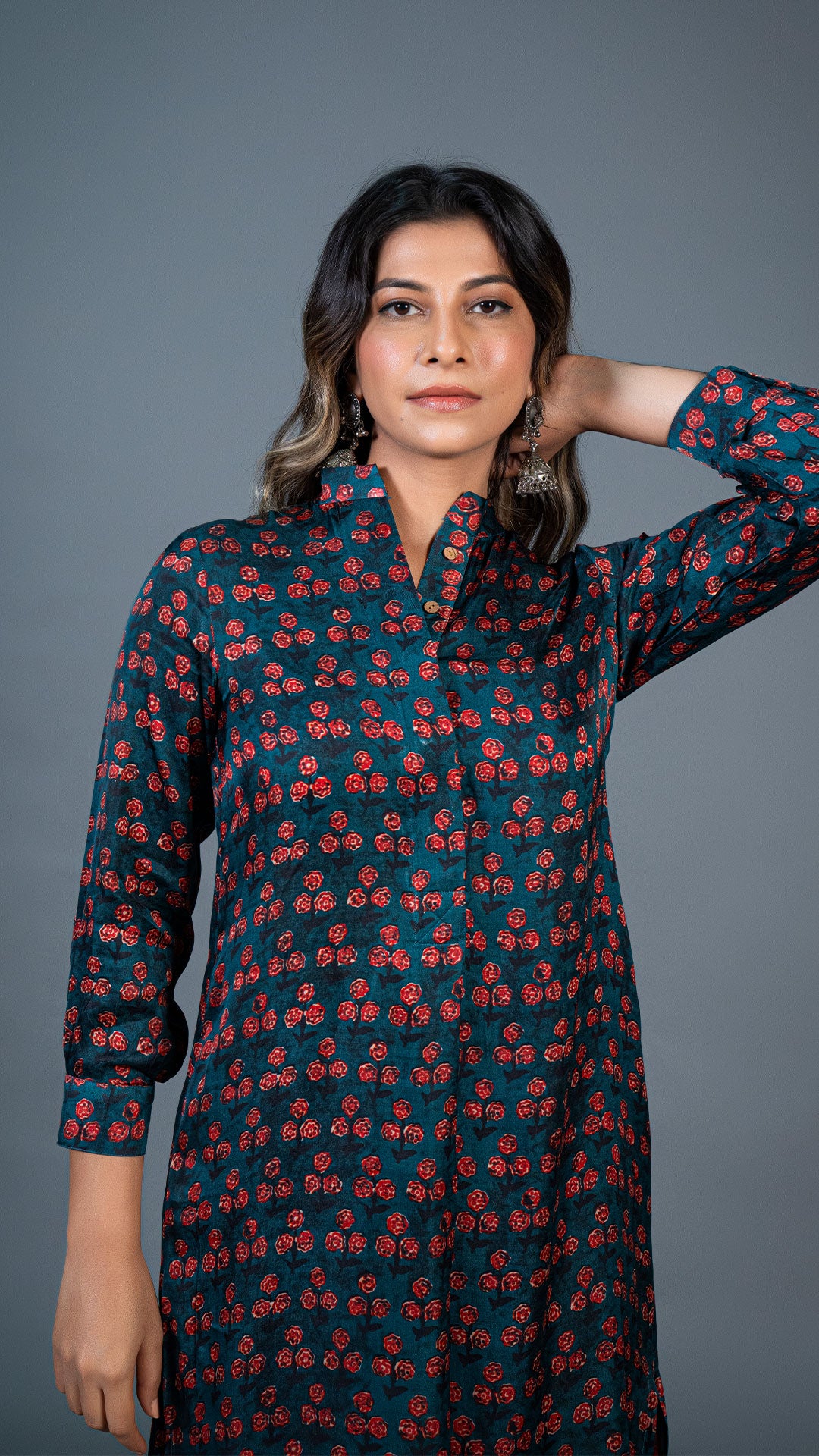 TEAL BLUE SMALL FLOWERS PRINT KURTA IN MODAL SILK