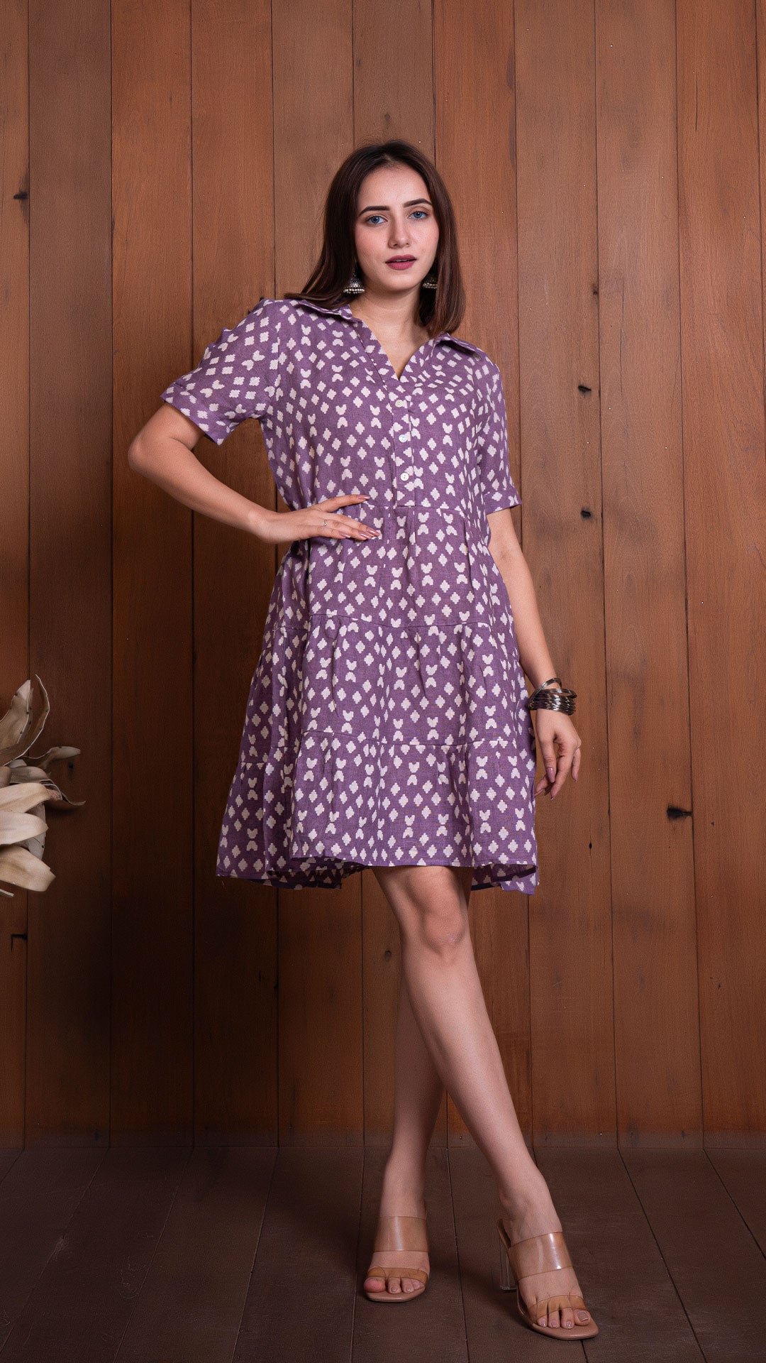 LAVENDER GEOMETRIC PRINT PURE LINEN TIER DRESS