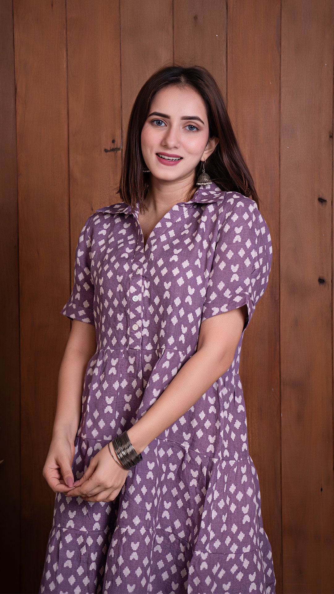 LAVENDER GEOMETRIC PRINT PURE LINEN TIER DRESS