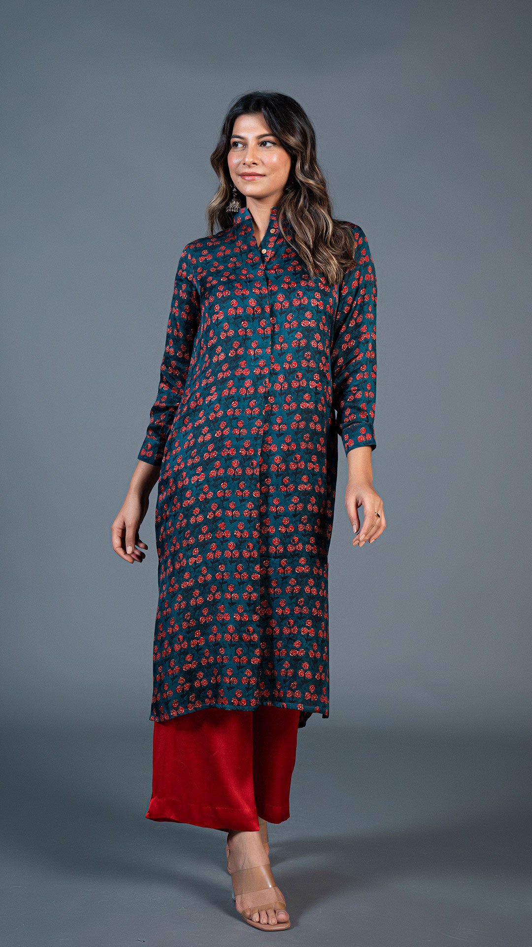 TEAL BLUE SMALL FLOWERS PRINT KURTA IN MODAL SILK